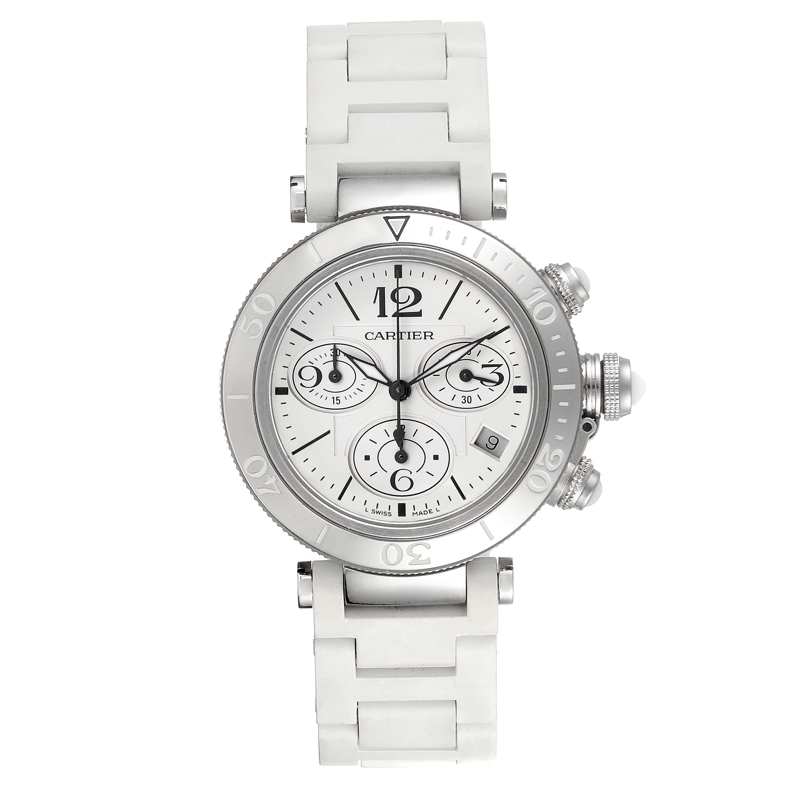 The image shows a frontal view of the Cartier Pasha W3140005 Women's Stainless Steel White Dial W3140005 Women's Stainless Steel White Dial watch, highlighting its face, bezel, and bracelet.