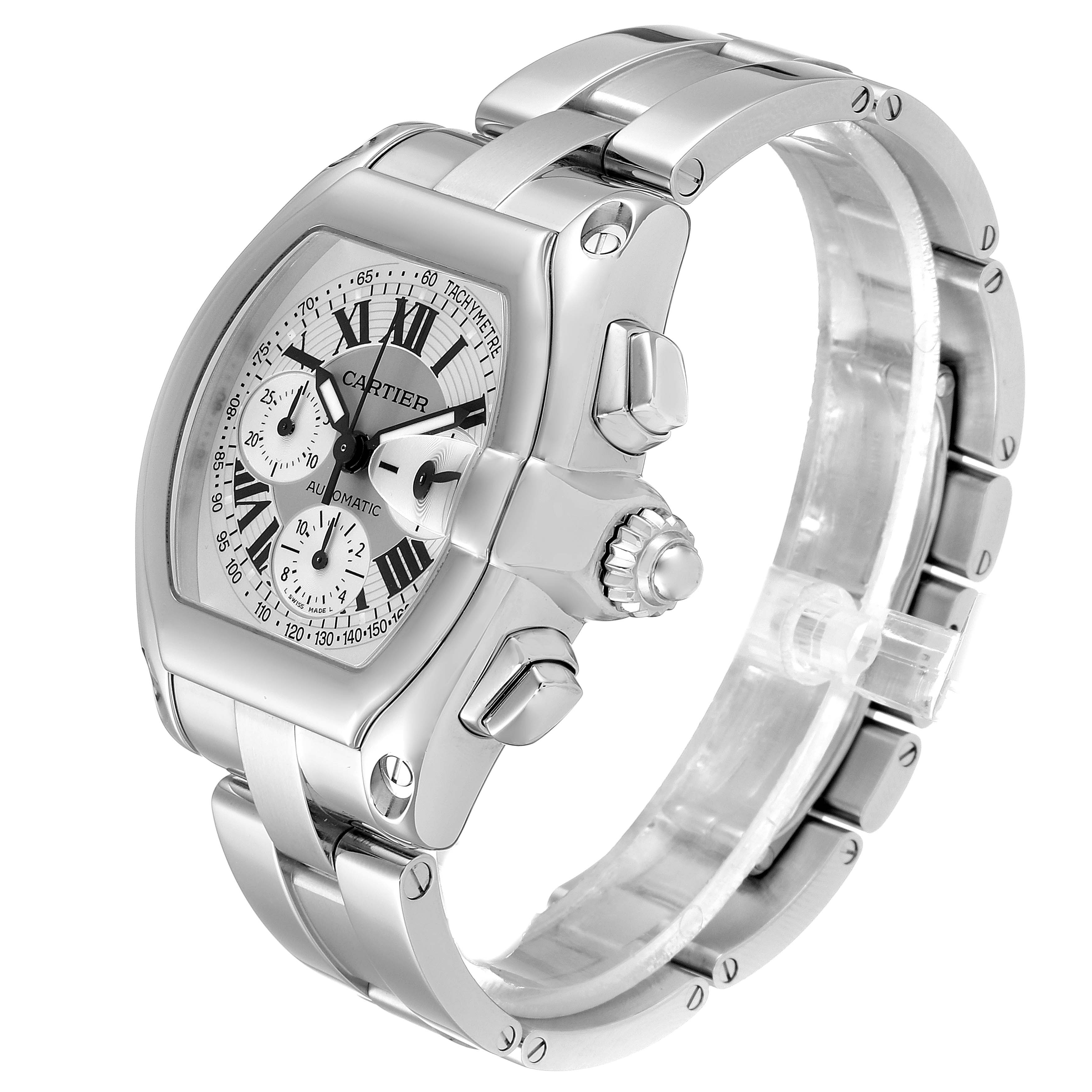 The Cartier Roadster W62006X6 Men's Stainless Steel Silver Dial W62006X6 Men's Stainless Steel Silver Dial watch is shown from a three-quarter angle, highlighting the face, crown, and metal bracelet.