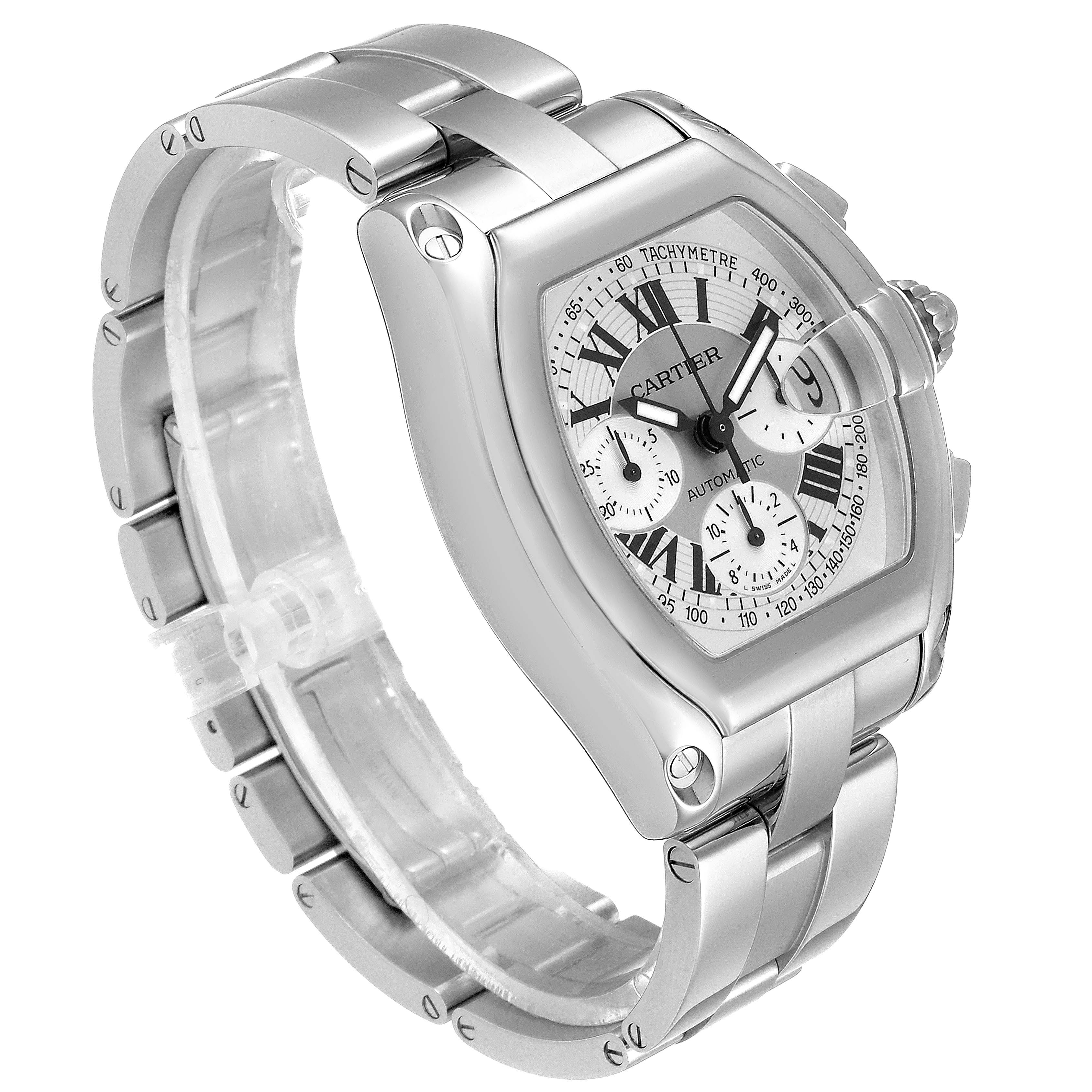 The Cartier Roadster W62006X6 Men's Stainless Steel Silver Dial W62006X6 Men's Stainless Steel Silver Dial watch is shown at a three-quarter angle, displaying the face, bracelet, and crown.