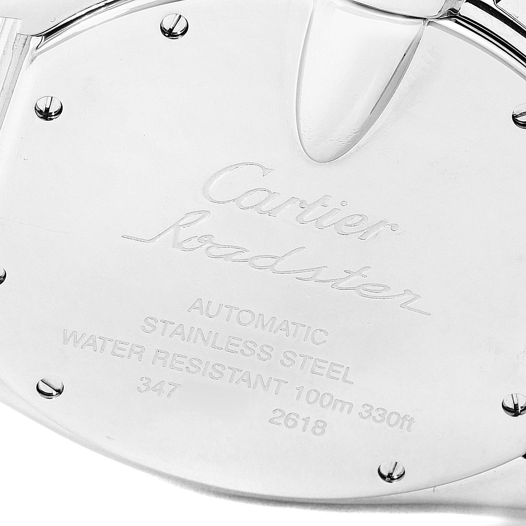 This image shows the engraved back case of a Cartier Roadster W62006X6 Men's Stainless Steel Silver Dial W62006X6 Men's Stainless Steel Silver Dial watch, highlighting the brand, model, and specifications.