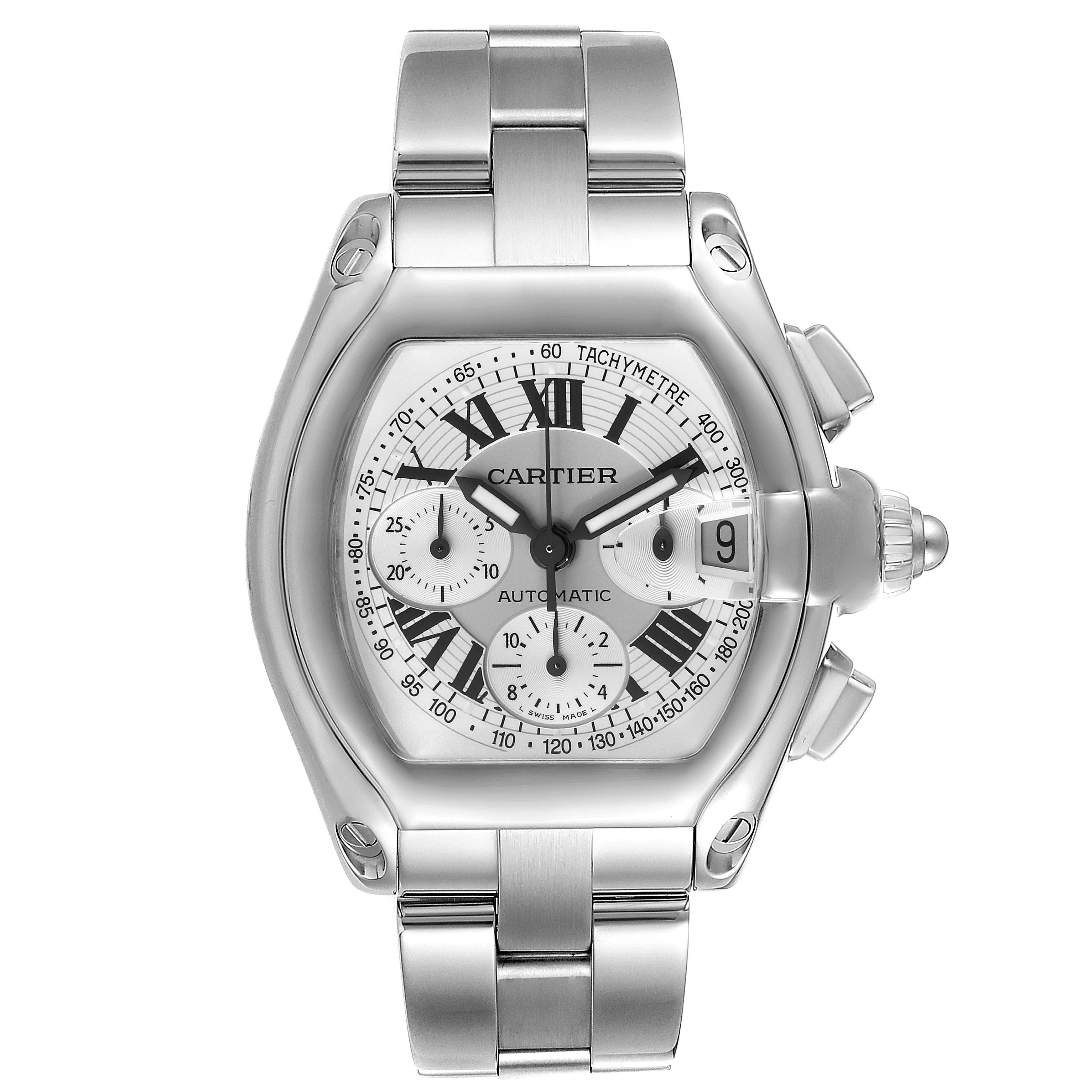 This image shows a front view of a Cartier Roadster W62006X6 Men's Stainless Steel Silver Dial W62006X6 Men's Stainless Steel Silver Dial model watch, highlighting its face, dial, and steel bracelet.