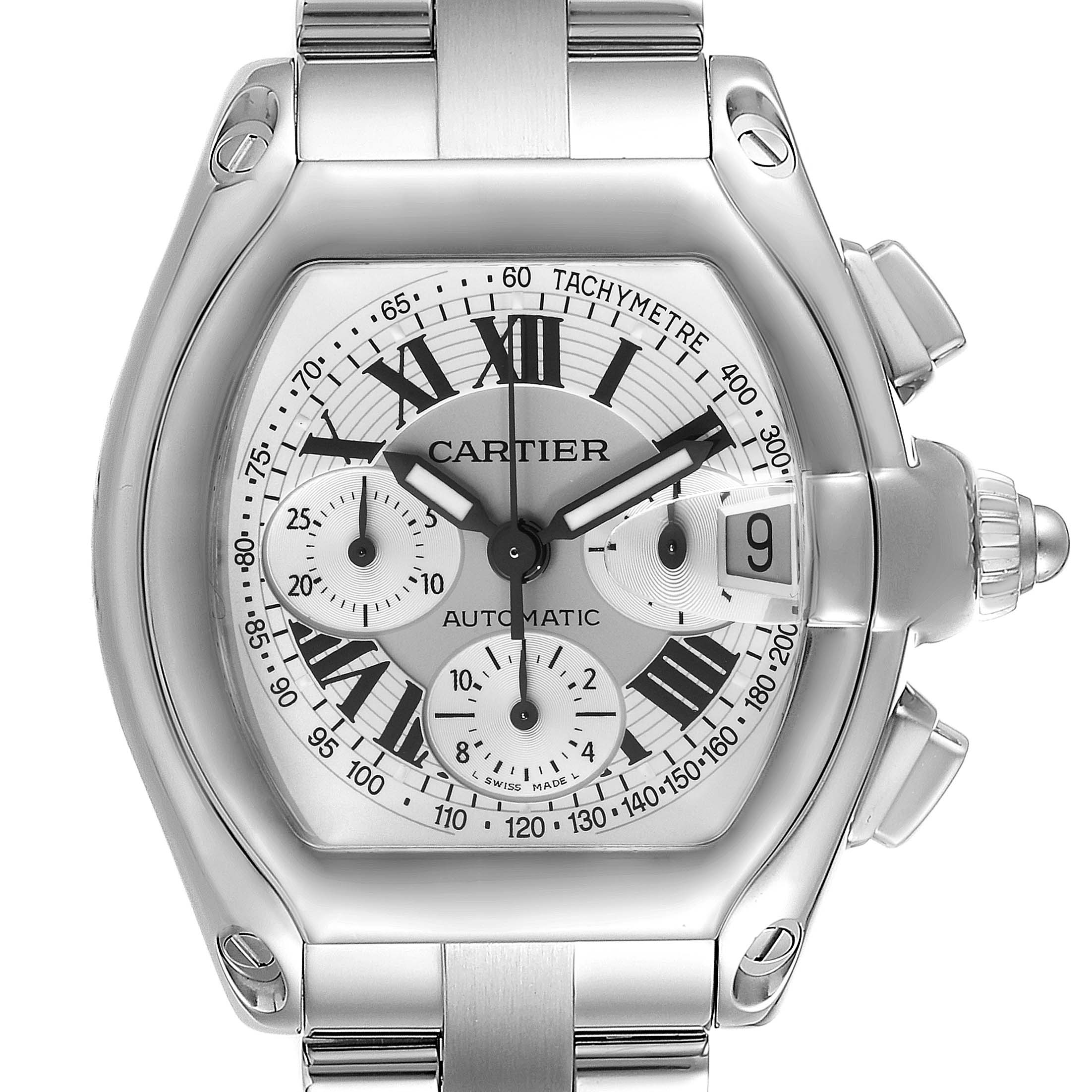 This Cartier Roadster W62006X6 Men's Stainless Steel Silver Dial W62006X6 Men's Stainless Steel Silver Dial watch is shown from a front angle, highlighting its face, dials, and stainless steel bracelet.
