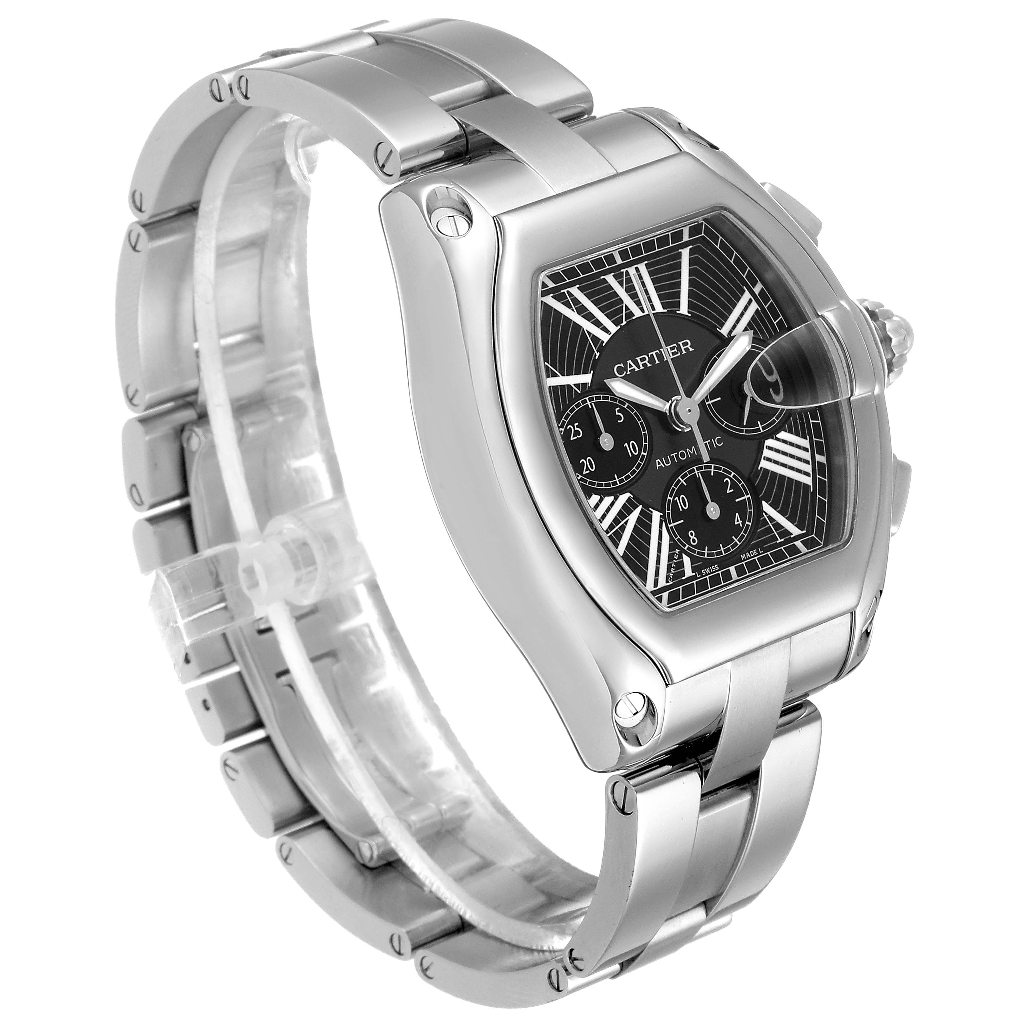 The image shows a Cartier Roadster W62020X6 Men's Stainless Steel Black Dial W62020X6 Men's Stainless Steel Black Dial watch at a three-quarter angle, showcasing the dial, bracelet, and crown.