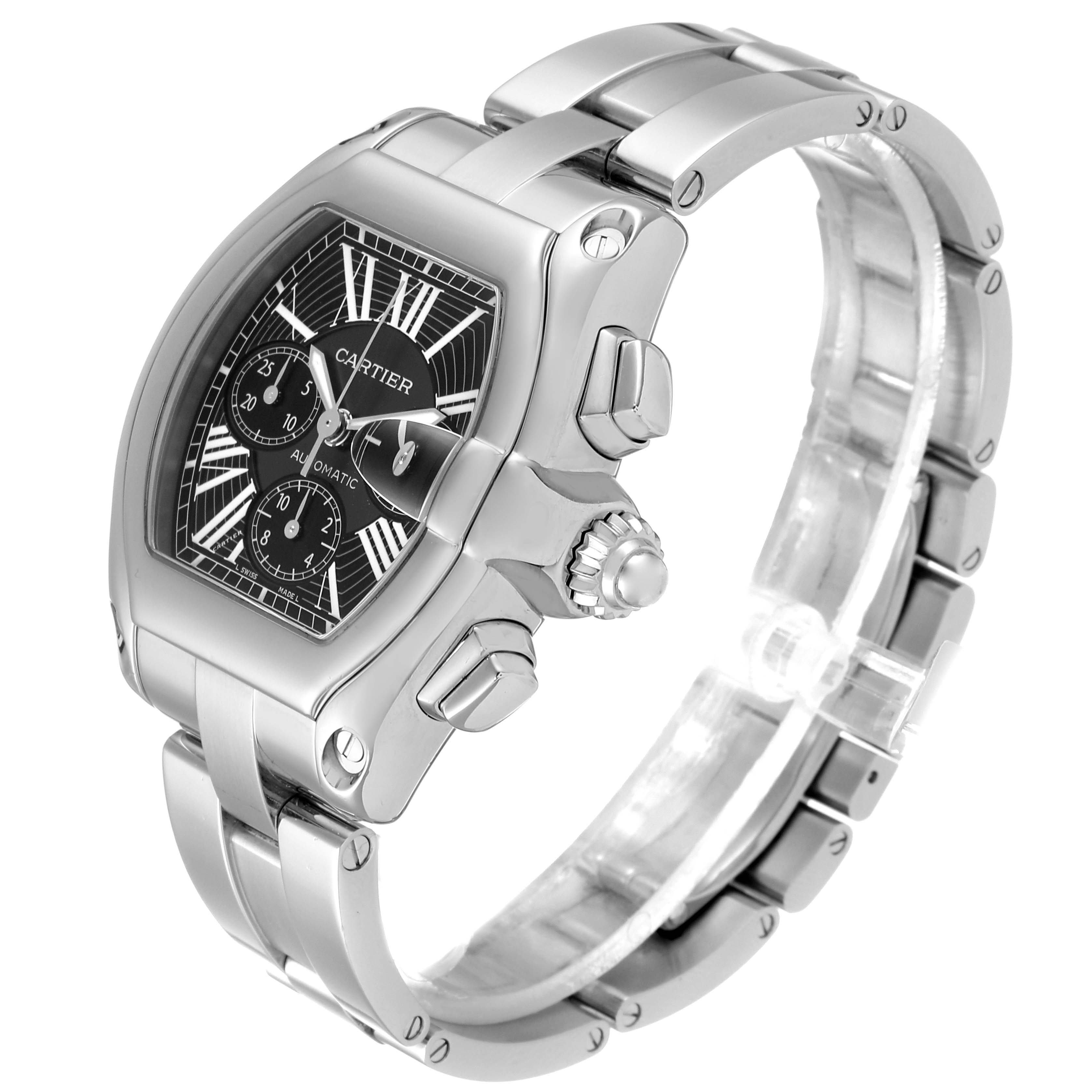 The image shows a Cartier Roadster W62020X6 Men's Stainless Steel Black Dial W62020X6 Men's Stainless Steel Black Dial watch at a three-quarter angle, highlighting the face, bezel, crown, and bracelet.