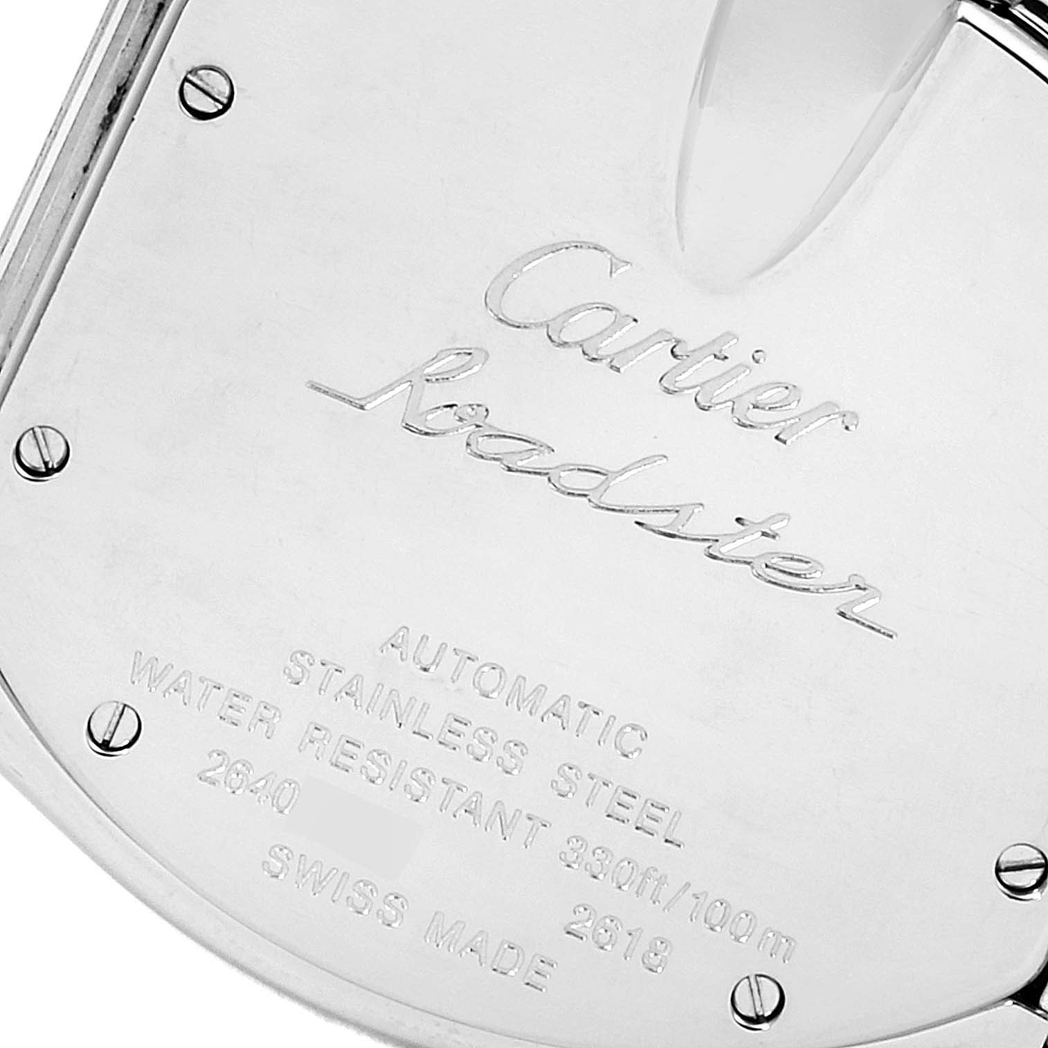 The image shows the back case of a Cartier Roadster W62020X6 Men's Stainless Steel Black Dial W62020X6 Men's Stainless Steel Black Dial watch, displaying engravings and screws.