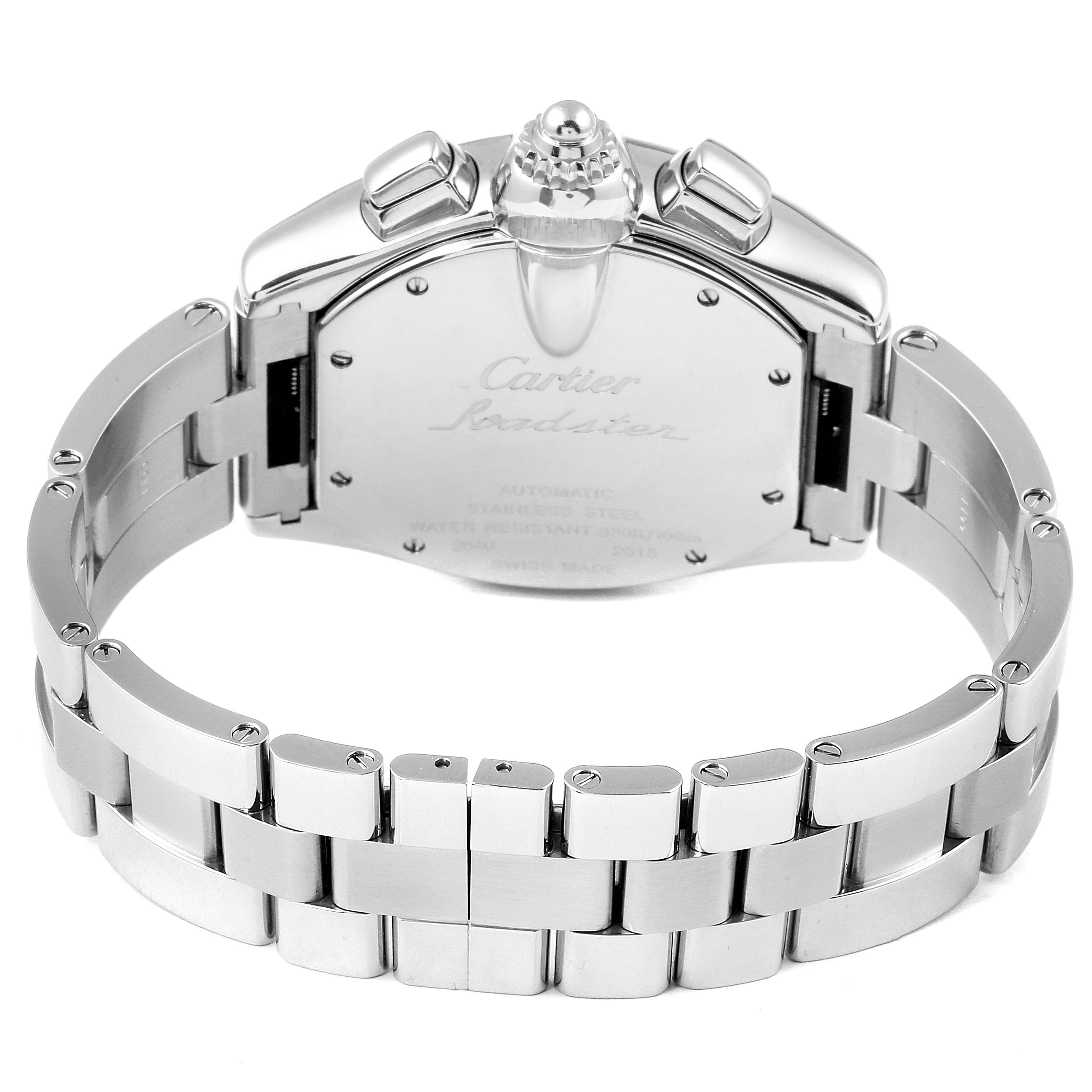 This image shows the back and bracelet of a Cartier Roadster W62020X6 Men's Stainless Steel Black Dial W62020X6 Men's Stainless Steel Black Dial watch.