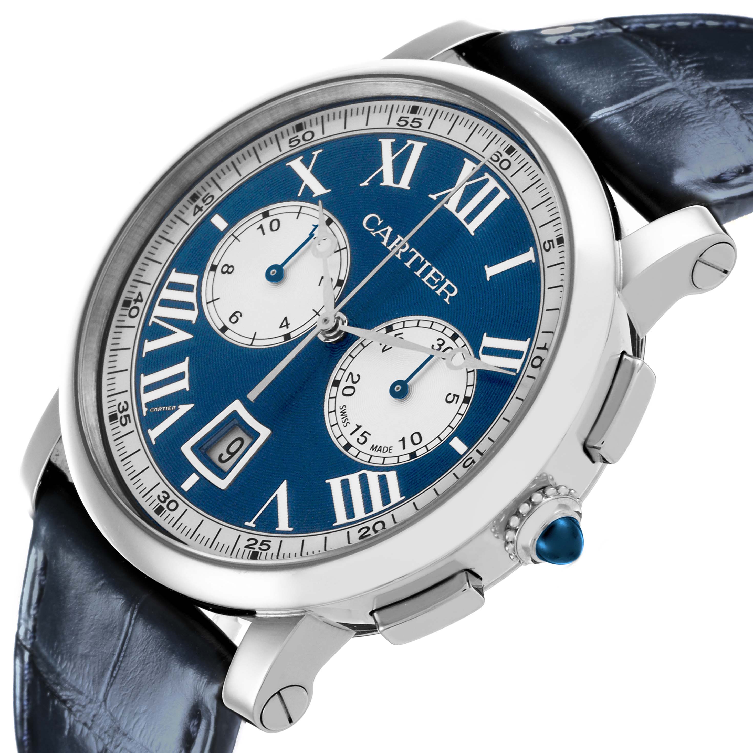 The Cartier Rotonde W1556239 Men's White Gold Blue Dial W1556239 Men's White Gold Blue Dial watch is shown at an angle highlighting the face, crown, pushers, and leather strap.