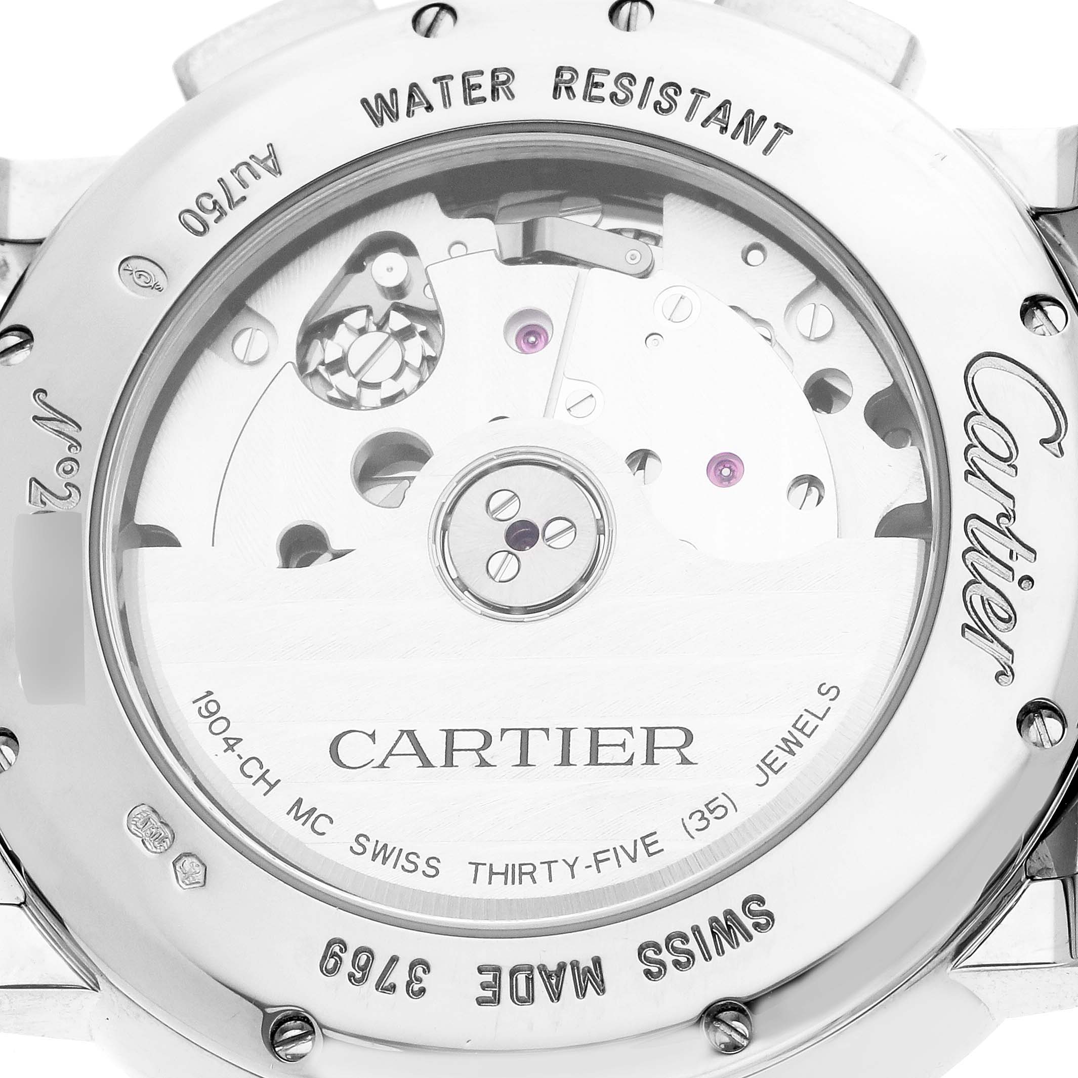 The image shows the back view of the Cartier Rotonde W1556239 Men's White Gold Blue Dial W1556239 Men's White Gold Blue Dial watch, highlighting its movement and engravings.