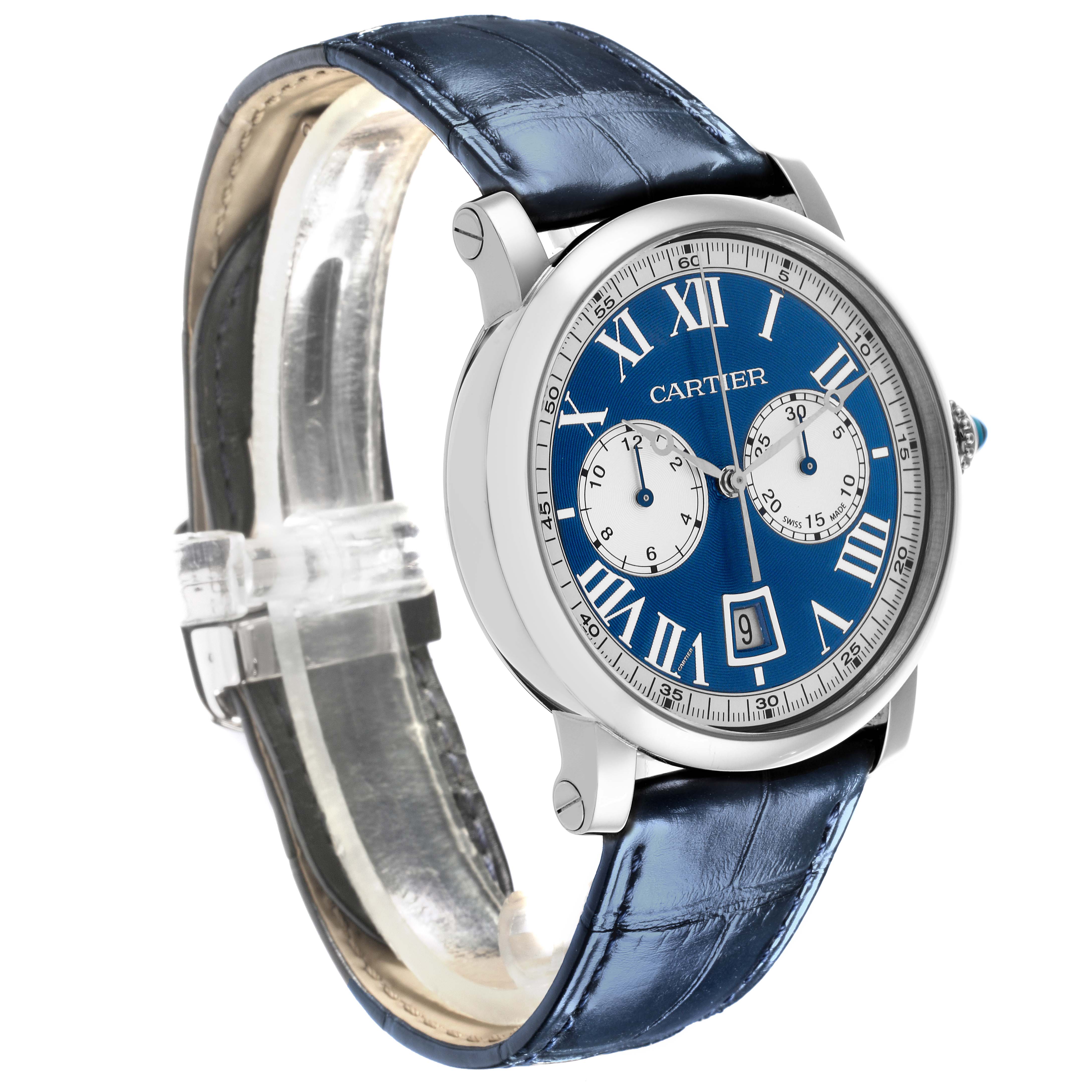 The image shows a side angle of the Cartier Rotonde W1556239 Men's White Gold Blue Dial W1556239 Men's White Gold Blue Dial watch, highlighting its blue dial, Roman numerals, and leather strap.