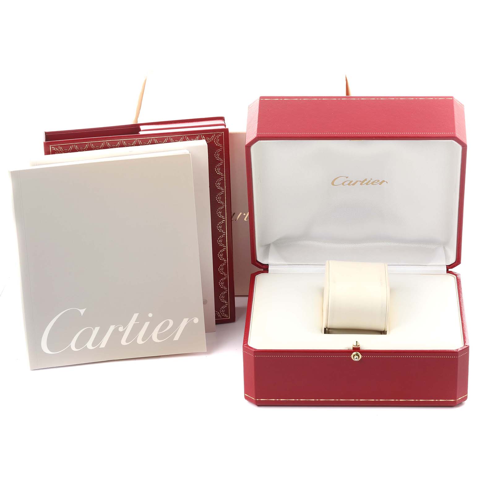 The image shows the packaging for the Cartier Rotonde W1556239 Men's White Gold Blue Dial W1556239 Men's White Gold Blue Dial watch, including the box, pouch, and booklet.