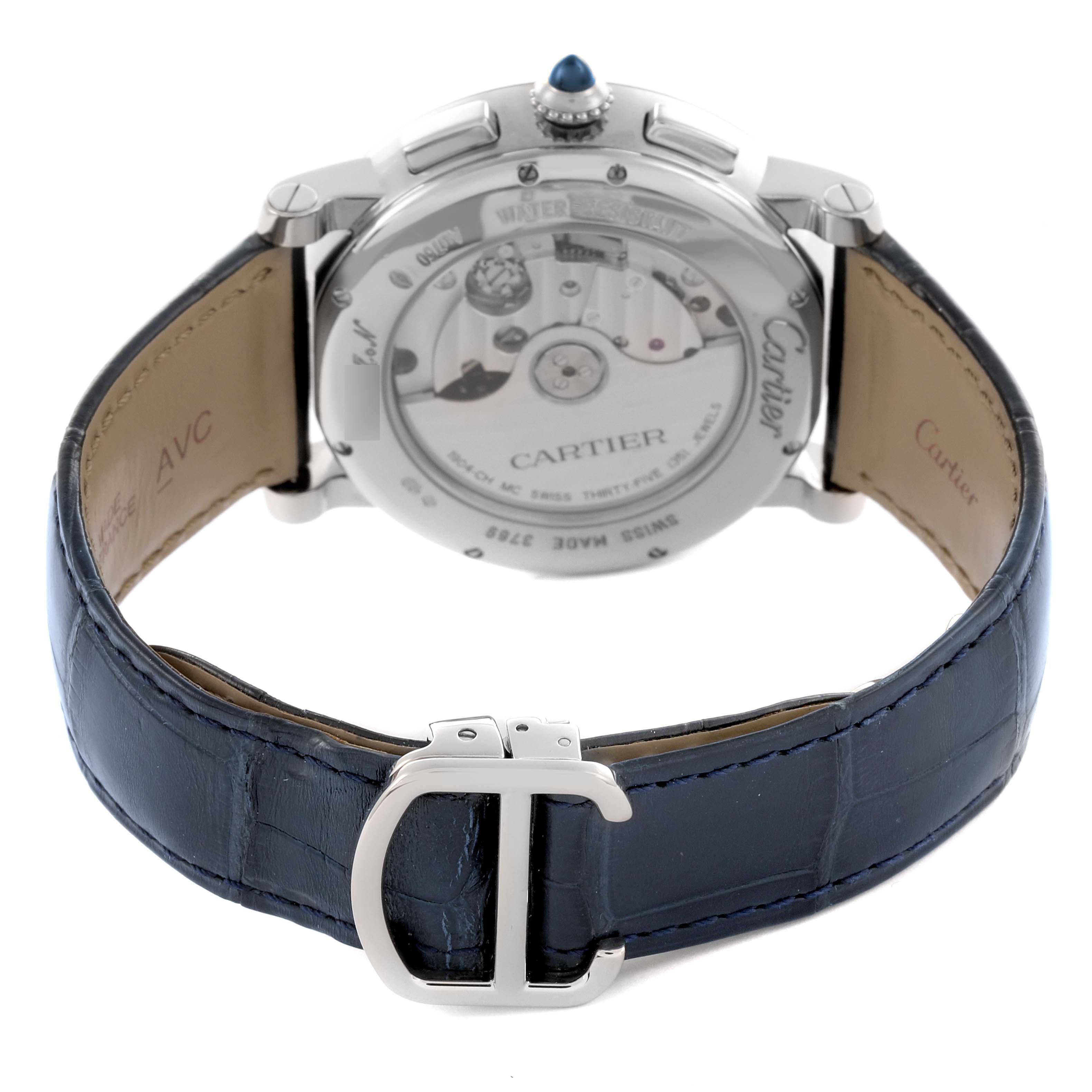 The image shows the back casing and leather strap of a Cartier Rotonde W1556239 Men's White Gold Blue Dial W1556239 Men's White Gold Blue Dial watch at an angle highlighting its mechanical movement.