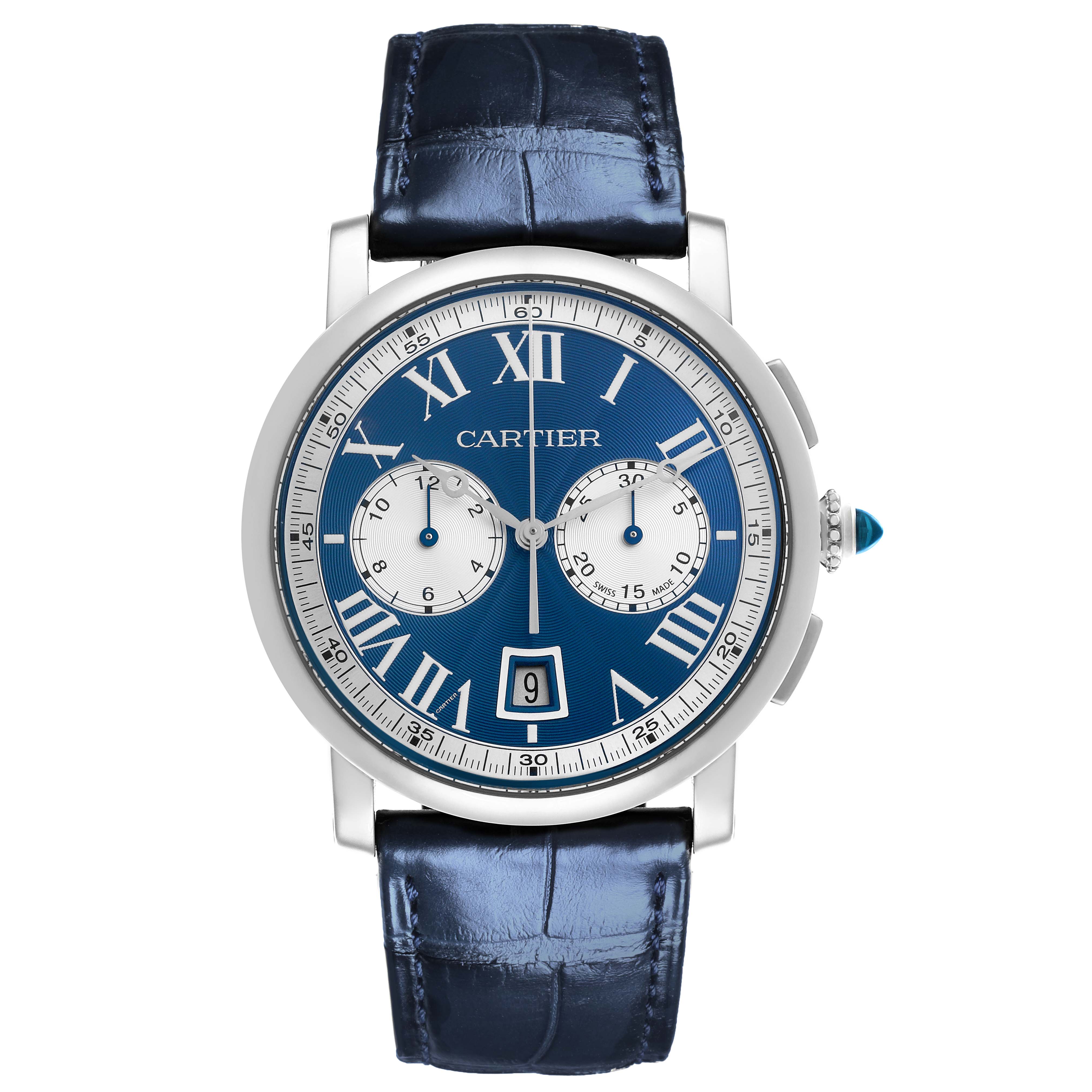 The Rotonde de Cartier watch is shown from the front, featuring its blue dial, Roman numerals, subdials, and leather strap.