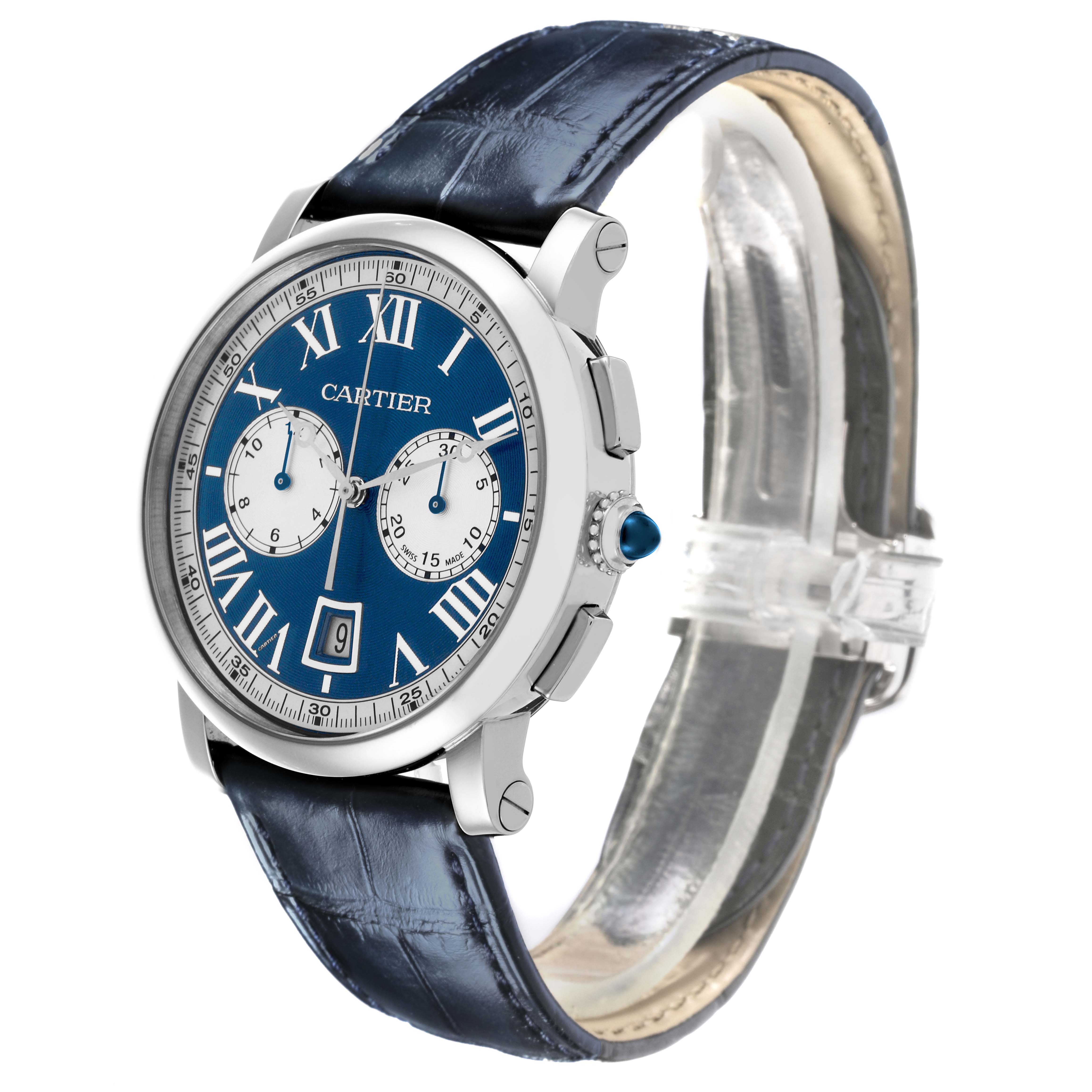 The Cartier Rotonde W1556239 Men's White Gold Blue Dial W1556239 Men's White Gold Blue Dial watch is shown at a three-quarter angle, displaying the face, crown, pushers, and strap.