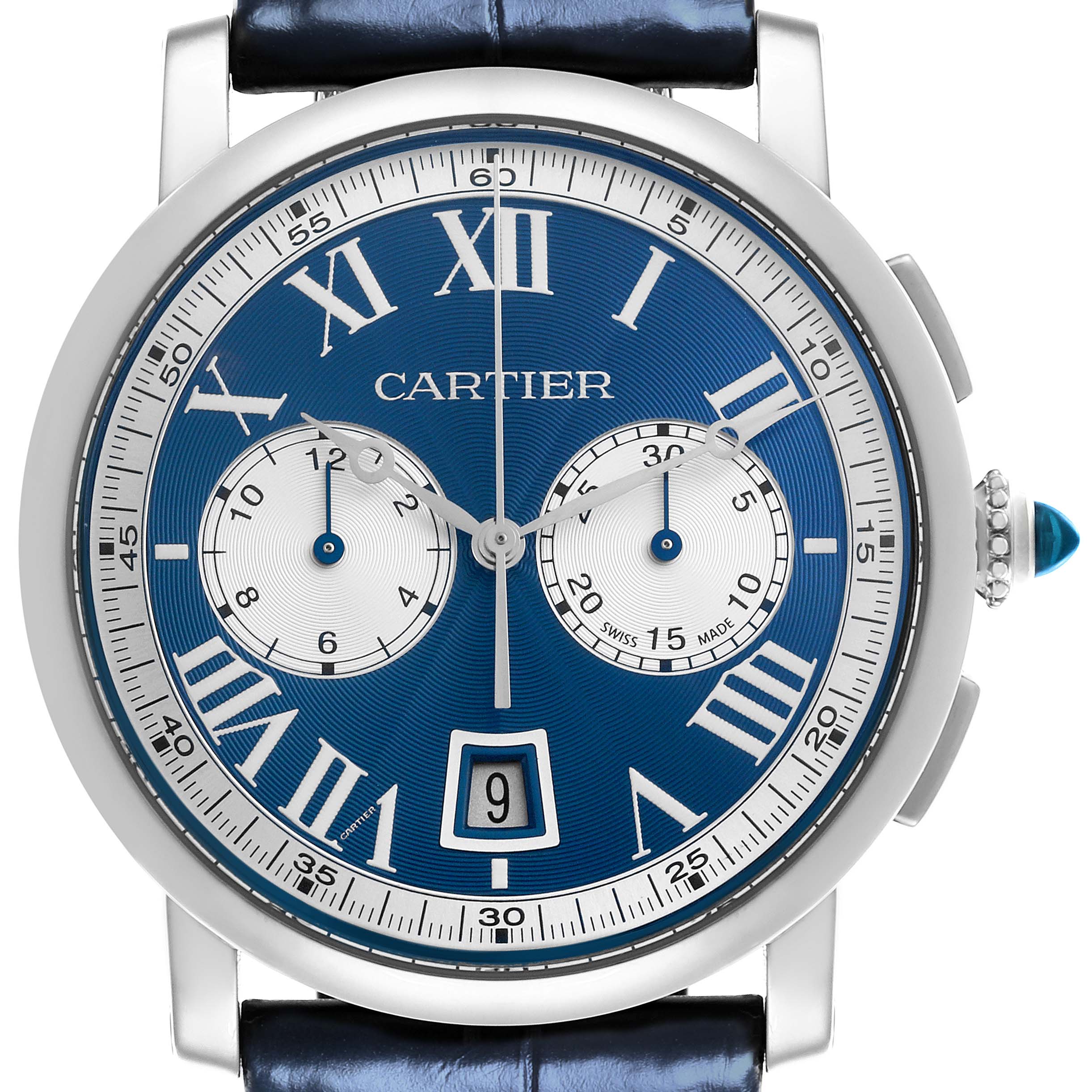 The Cartier Rotonde W1556239 Men's White Gold Blue Dial W1556239 Men's White Gold Blue Dial watch is shown from the front, displaying its blue dial, Roman numerals, subdials, and date window.
