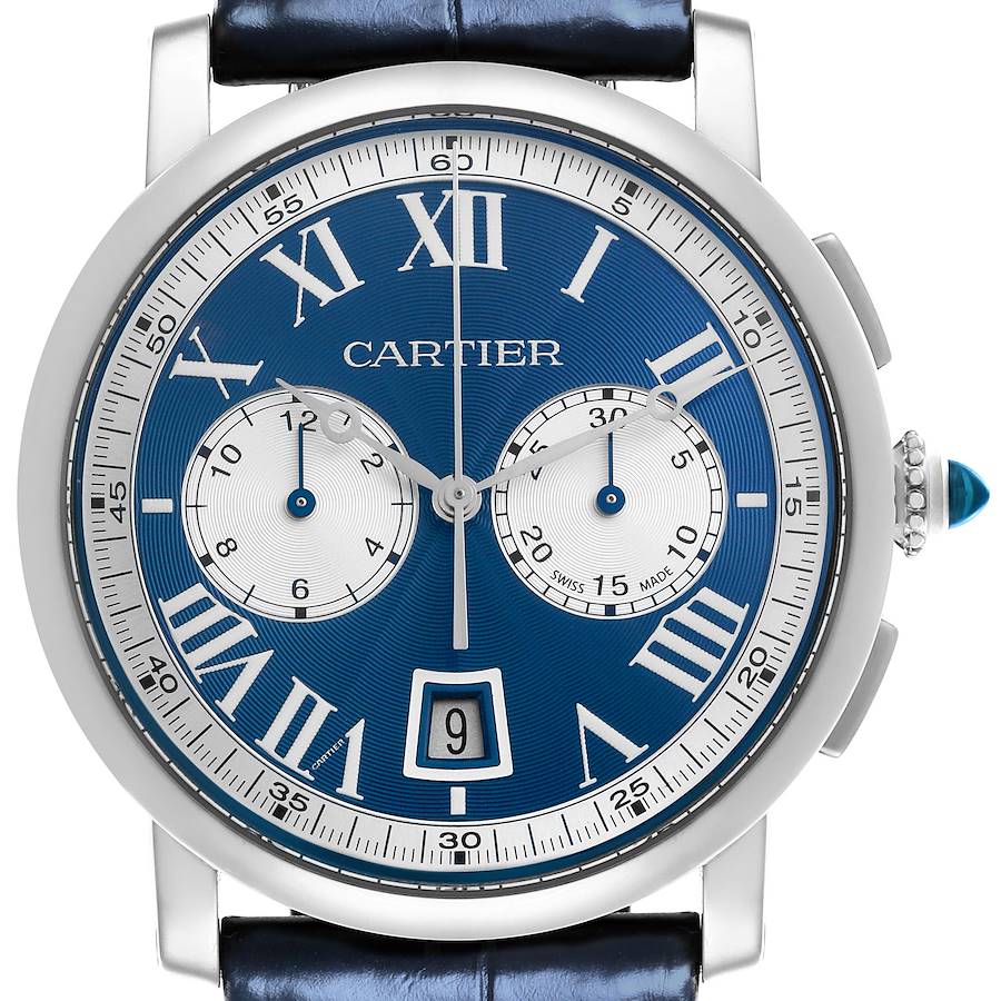 The Cartier Rotonde watch is shown from the front, displaying its blue dial, Roman numerals, subdials, and date window.