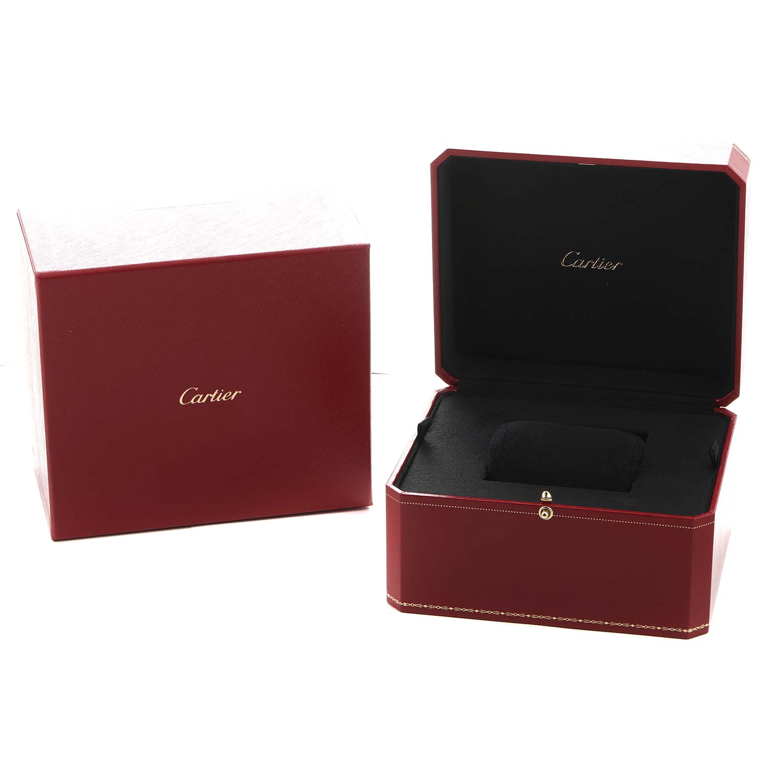 The image shows a Cartier Rotonde W1556241 Men's White Gold Blue Dial model watch box, with an open view displaying the cushion inside.