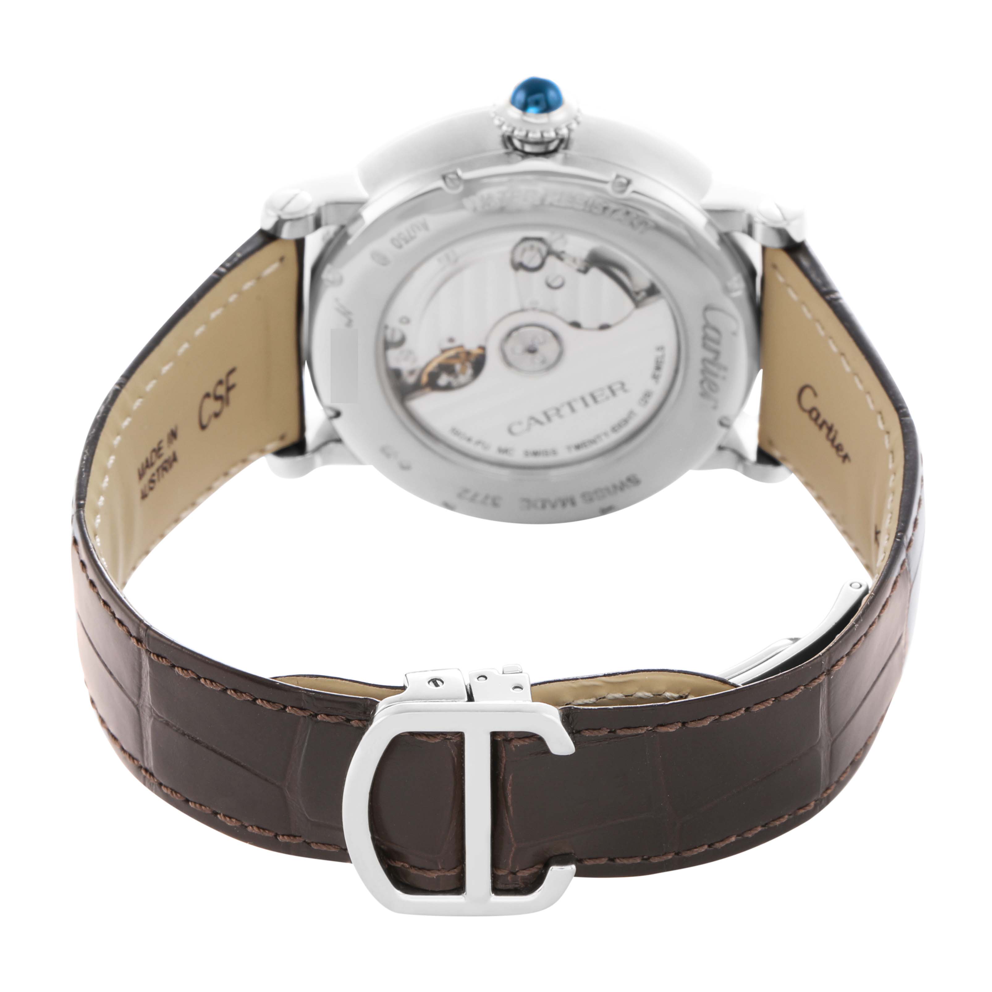 The image shows the back view of the Cartier Rotonde W1556241 Men's White Gold Blue Dial watch, highlighting its transparent case back, crown, and leather strap.