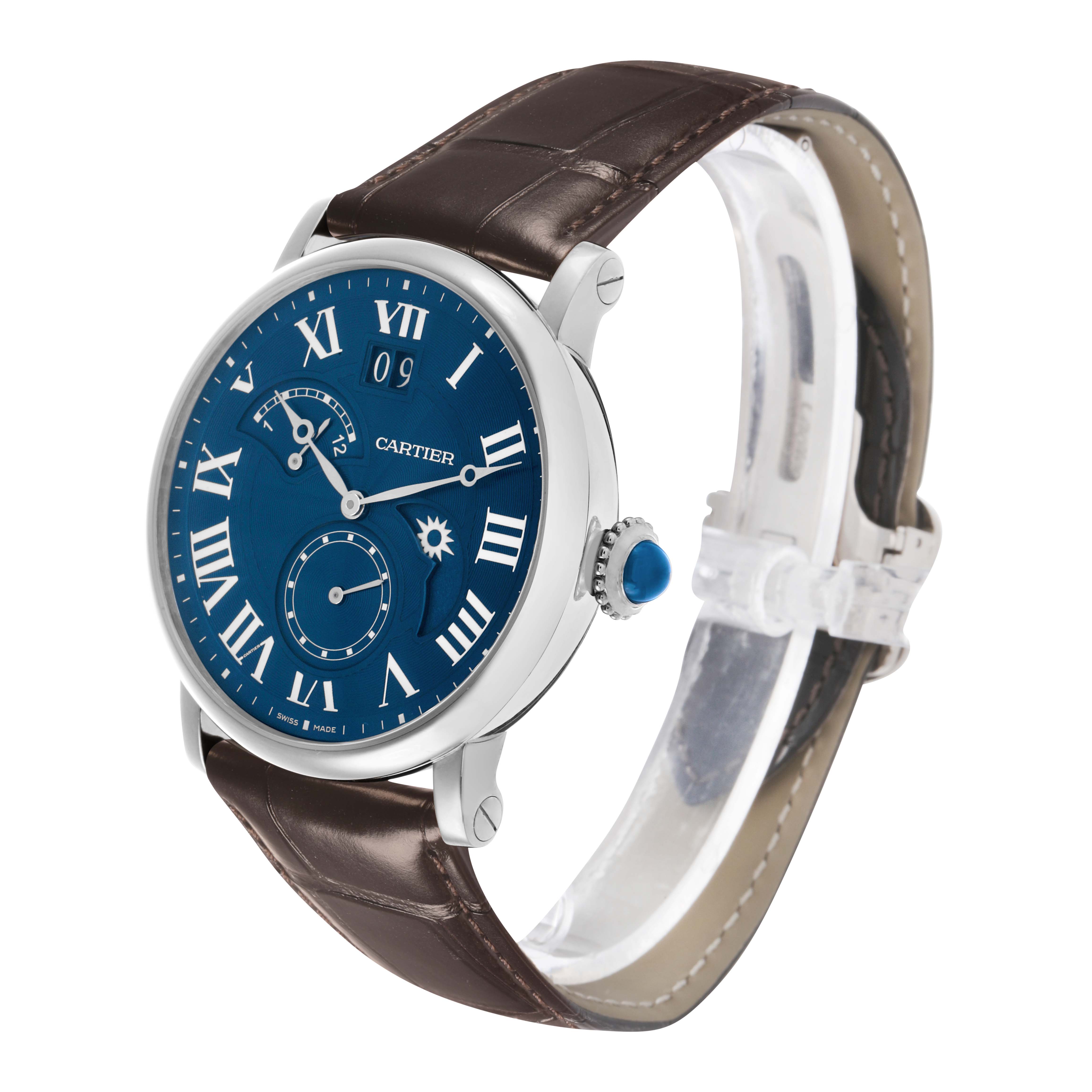 The Rotonde de Cartier watch is shown from a side angle, displaying the face, bezel, crown, and leather strap.