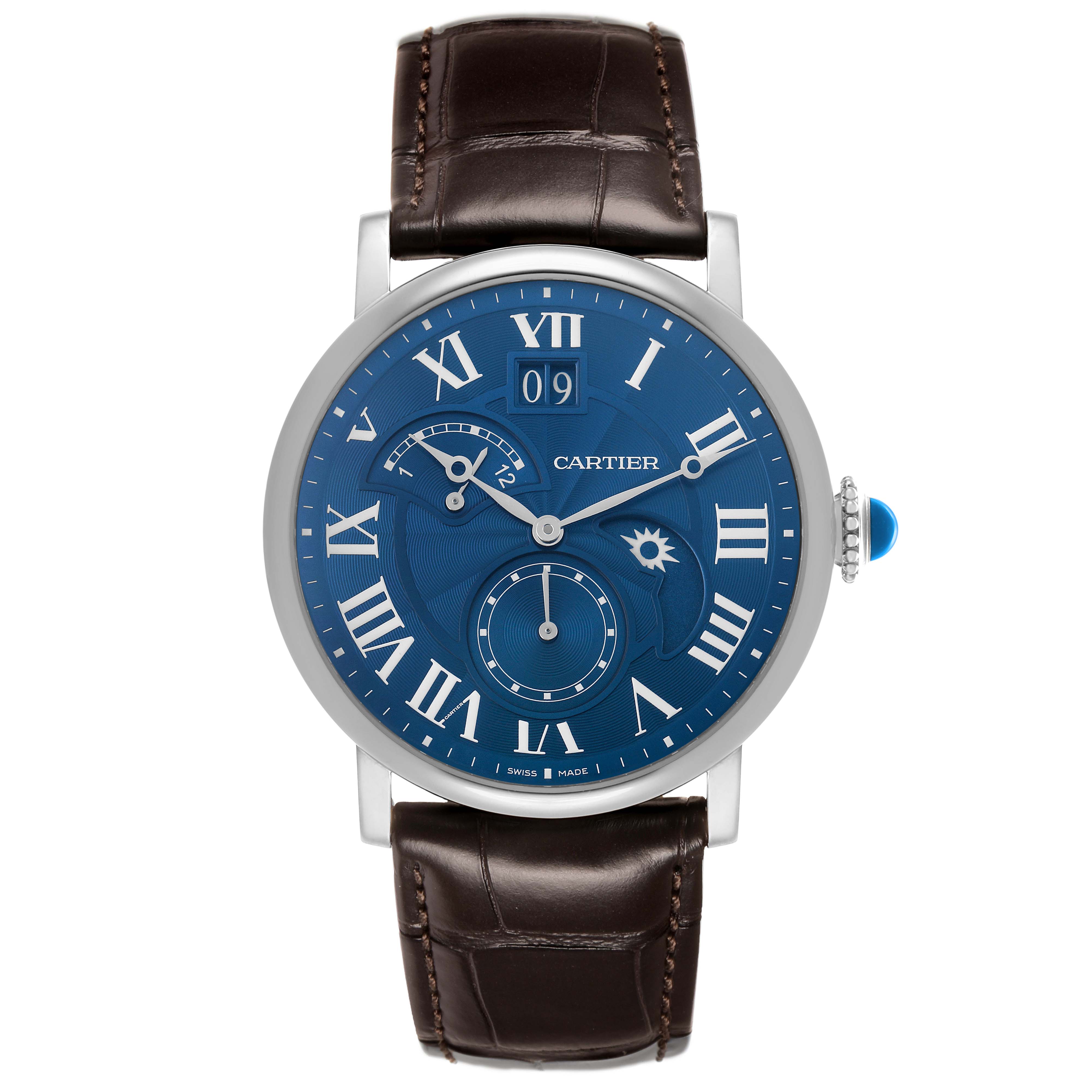 The Cartier Rotonde W1556241 Men's White Gold Blue Dial watch is shown from a front angle, displaying its blue dial, Roman numerals, and brown leather strap.