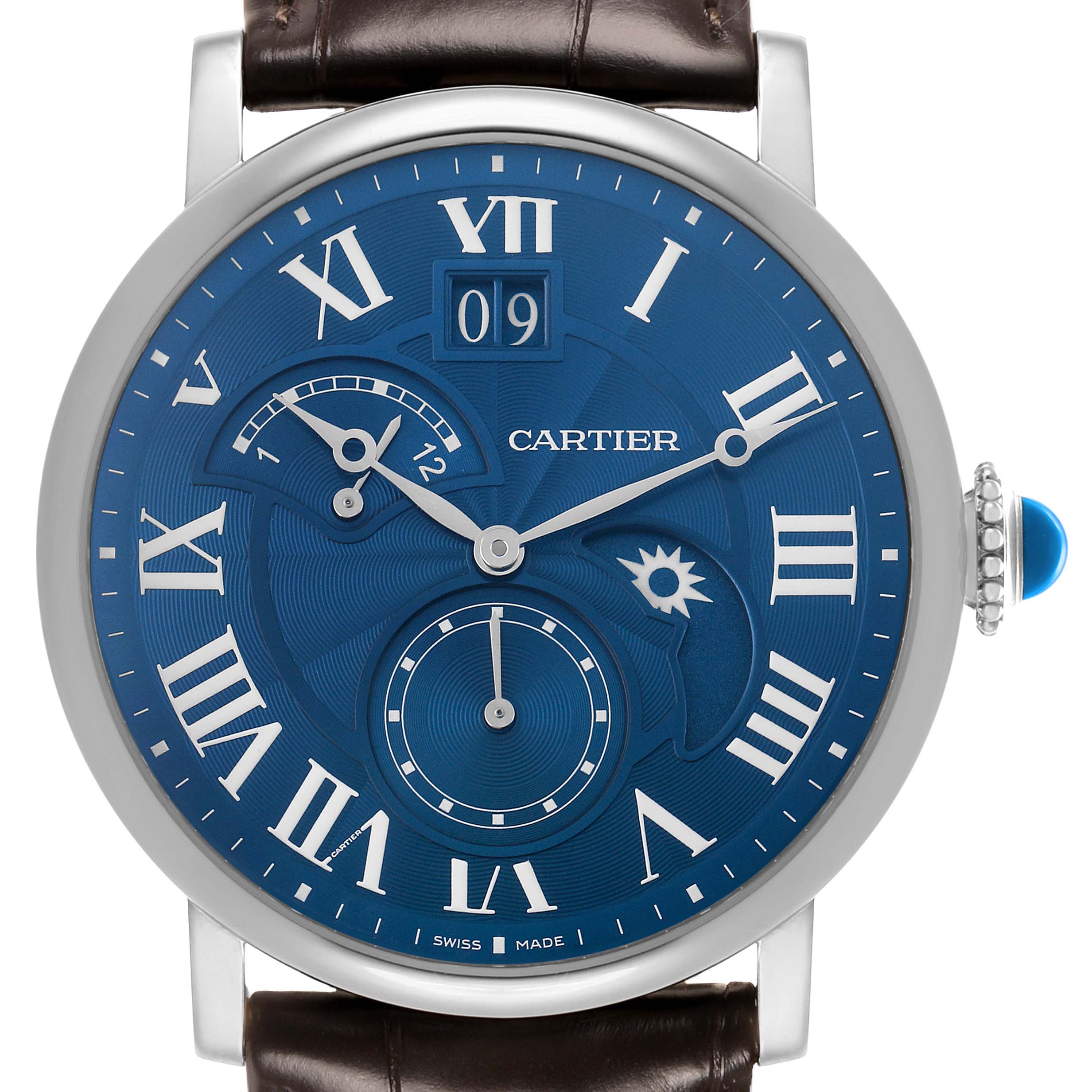 The image shows a front view of the Cartier Rotonde W1556241 Men's White Gold Blue Dial model, highlighting its blue dial, Roman numerals, and subdials.