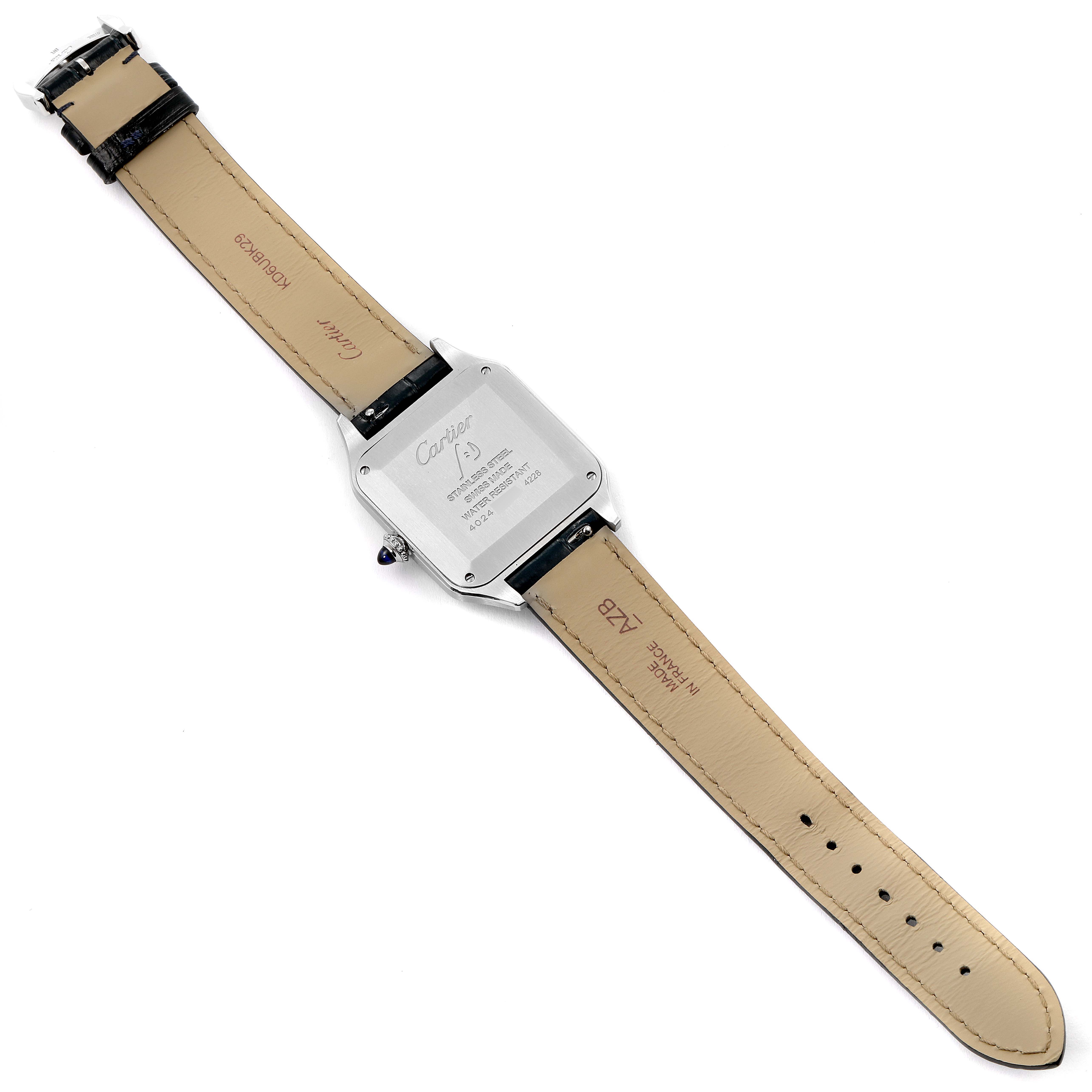 The image shows the back view of the Cartier Santos Dumont WSSA0022 Men's Stainless Steel Silver Dial WSSA0022 Men's Stainless Steel Silver Dial watch, displaying the case back and leather straps.