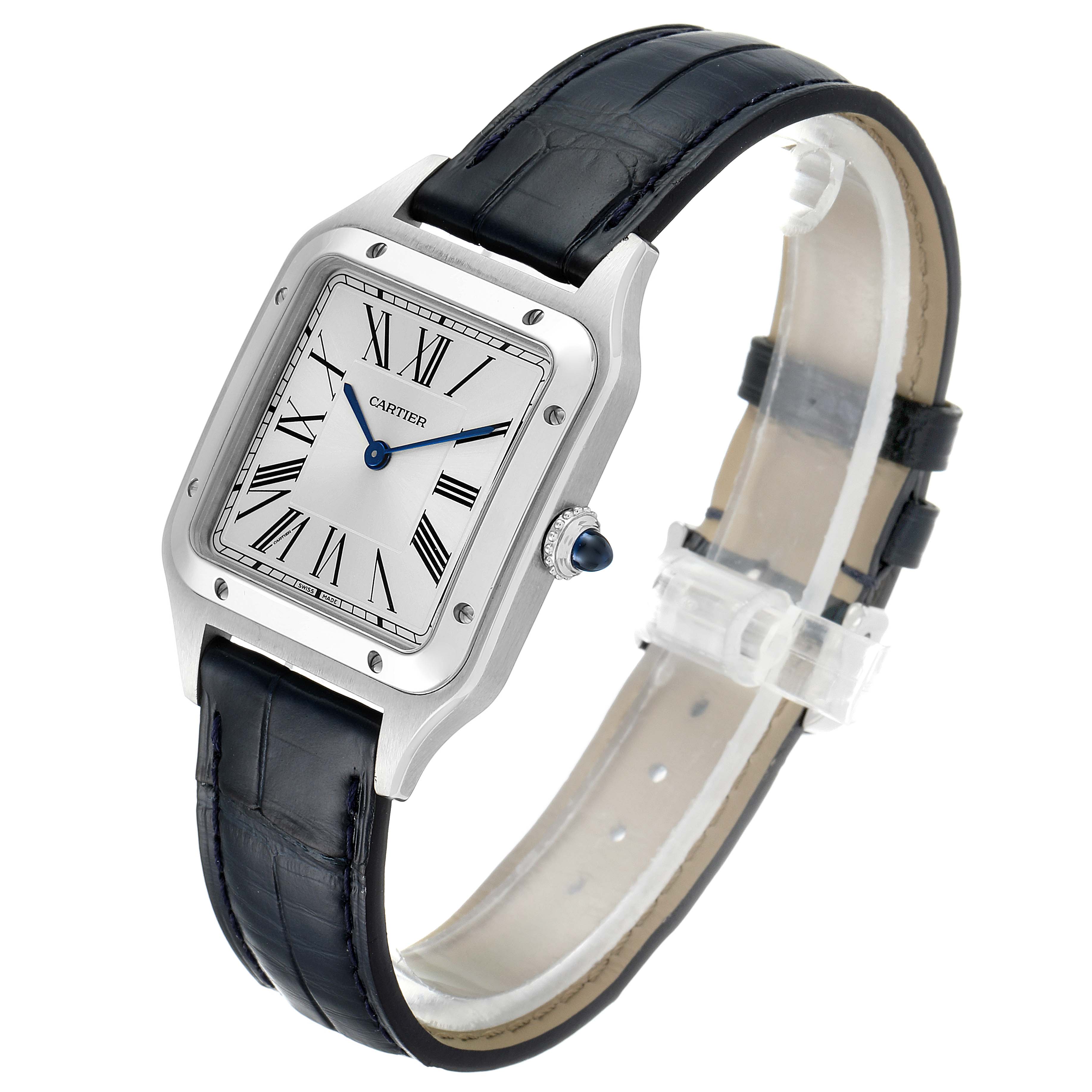 The image shows a Cartier Santos Dumont WSSA0022 Men's Stainless Steel Silver Dial WSSA0022 Men's Stainless Steel Silver Dial watch from a front angle, highlighting the face, bezel, crown, and leather strap.