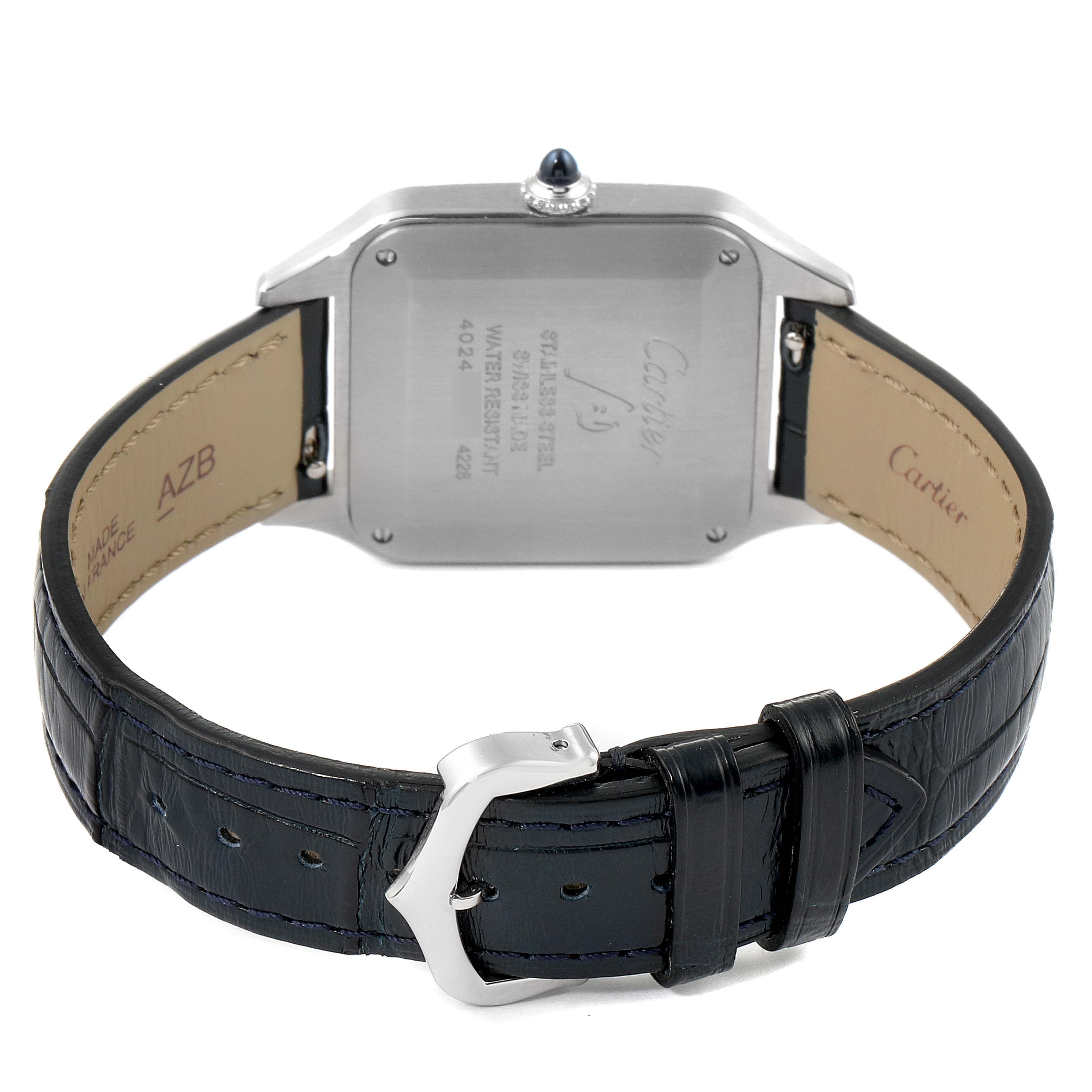 The image shows the back view of the Cartier Santos Dumont WSSA0022 Men's Stainless Steel Silver Dial WSSA0022 Men's Stainless Steel Silver Dial watch, highlighting the case back and the leather strap with the buckle.