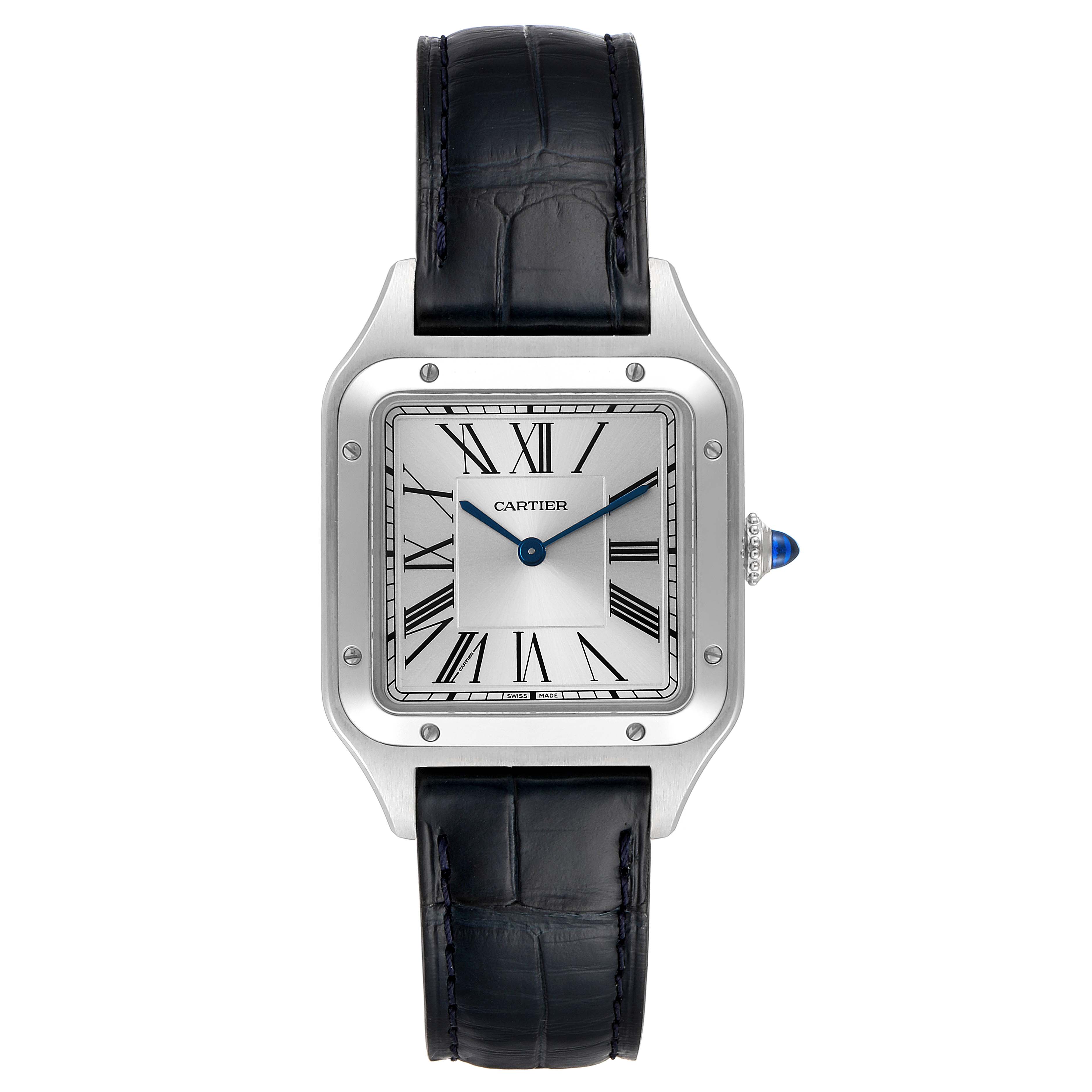 The image shows a front view of a Santos Dumont watch by Cartier, featuring the face, bezel, and black leather strap.