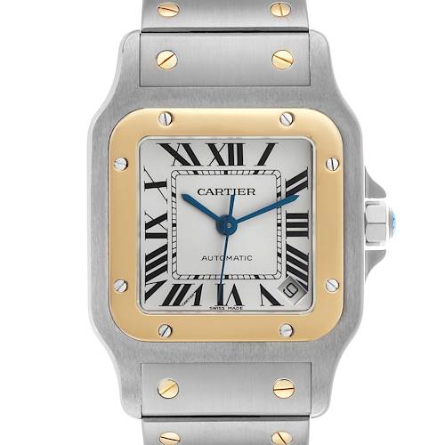 The Cartier Santos W20099C4 Men's Stainless Steel Silver Dial watch is shown from the front, displaying the face, bezel, and part of the bracelet.