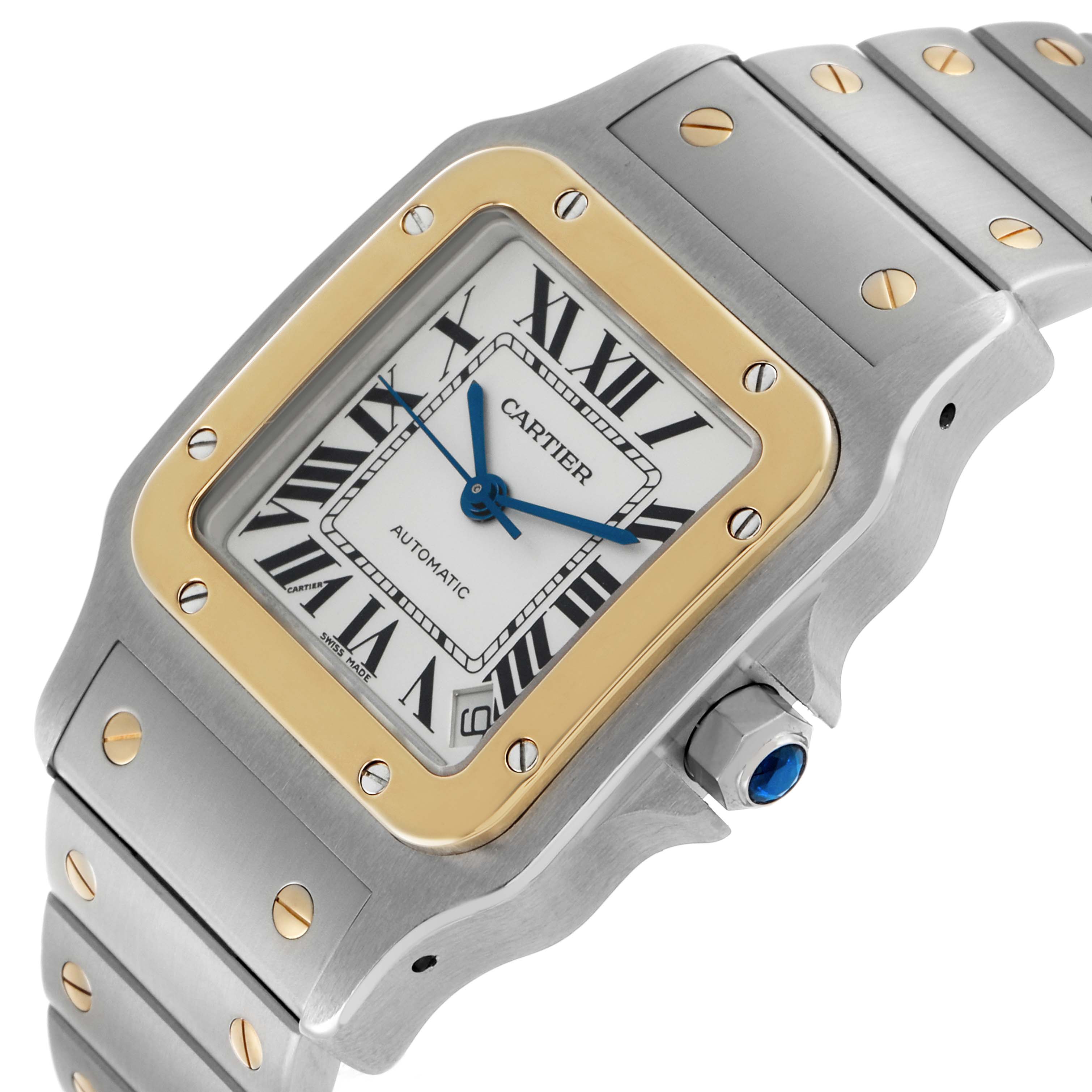 The Cartier Santos W20099C4 Men's Stainless Steel Silver Dial watch is shown at an angle displaying the face, bezel, crown, and part of the bracelet.