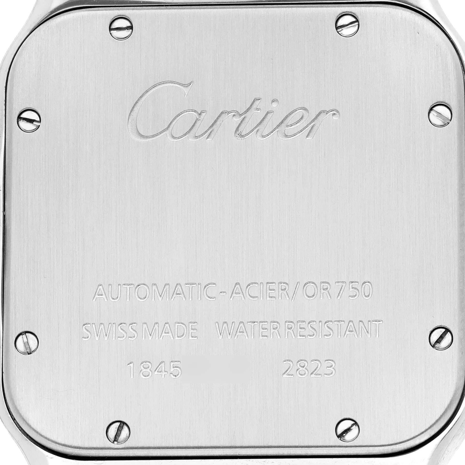 The image shows the back of a Cartier Santos W20099C4 Men's Stainless Steel Silver Dial watch, featuring screws and engraved details.