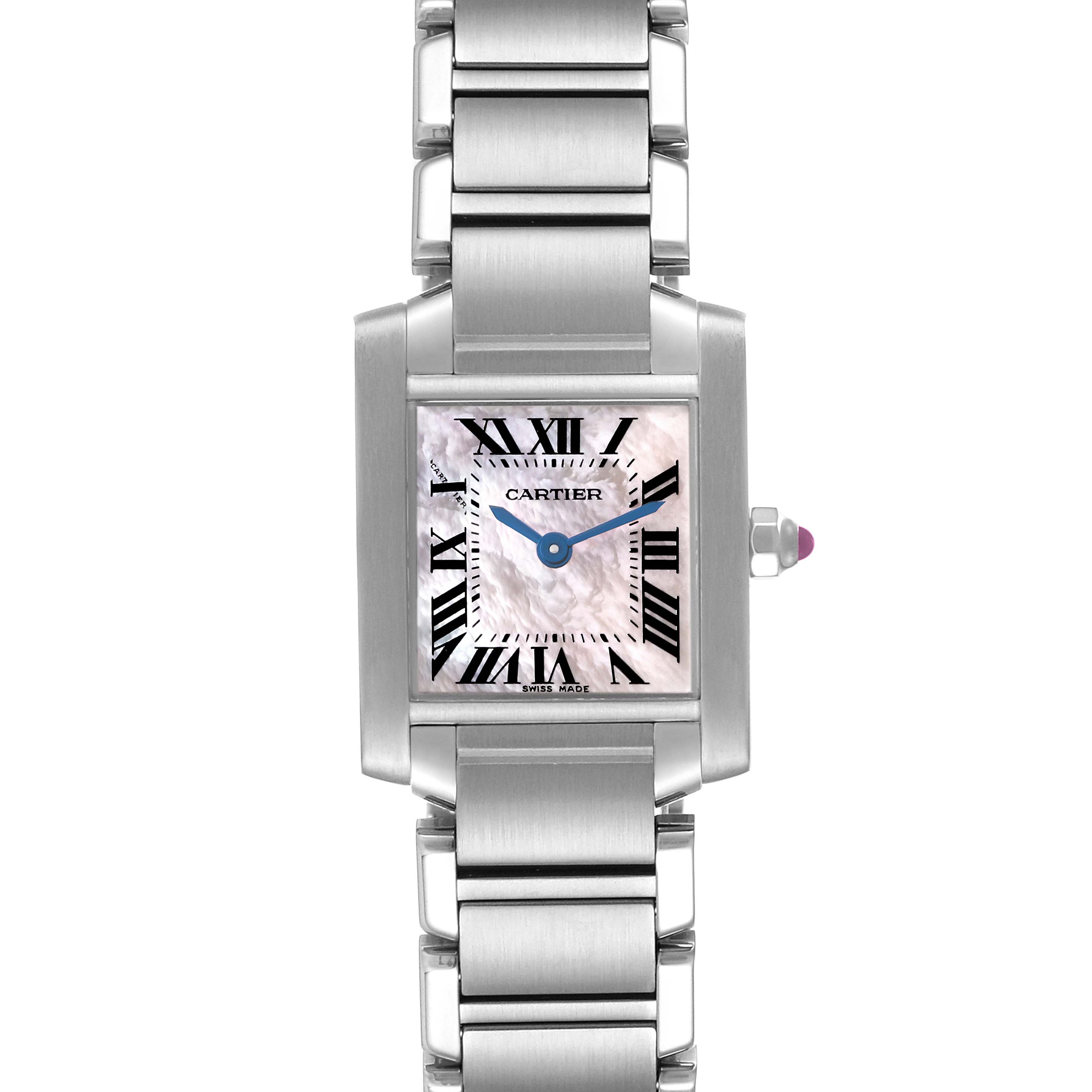 The image shows a front view of a Cartier Tank Francaise W51028Q3 Women's Stainless Steel Mother of Pearl Dial W51028Q3 Women's Stainless Steel Mother of Pearl Dial watch, displaying its face and stainless steel bracelet.