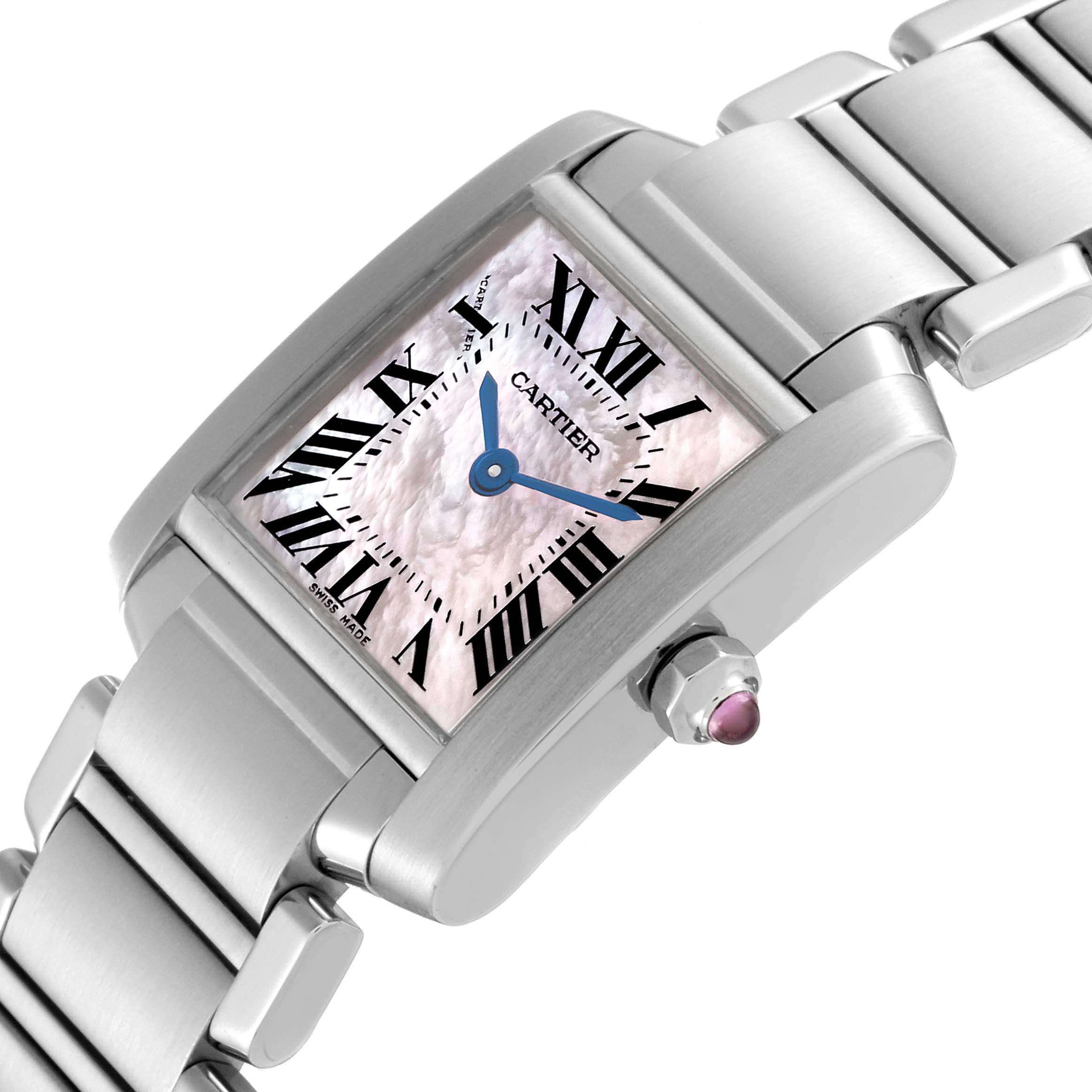 The image shows a side profile and partial top view of the Cartier Tank Française watch, highlighting its case, dial, and bracelet.