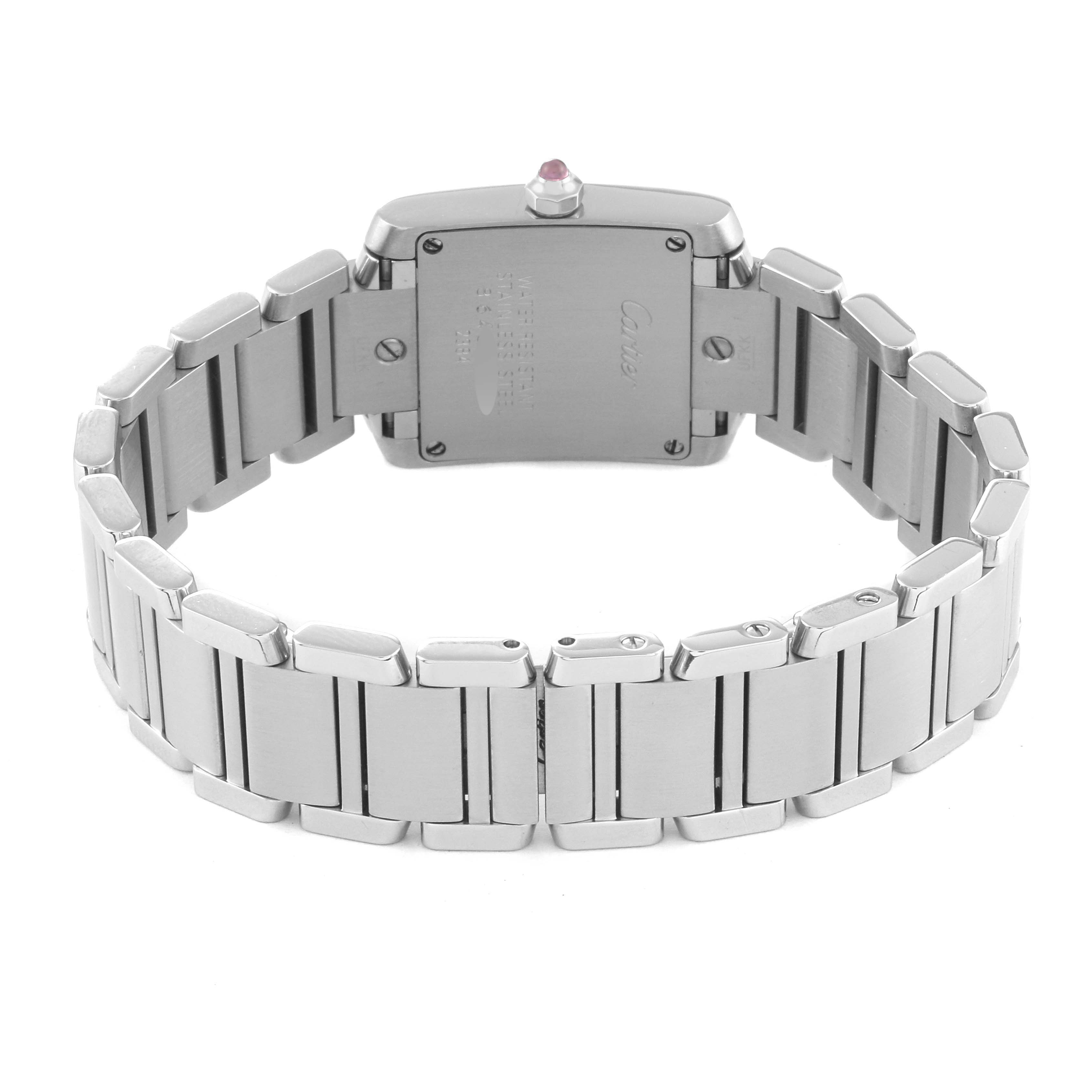 The image shows the back view of a Cartier Tank Francaise W51028Q3 Women's Stainless Steel Mother of Pearl Dial W51028Q3 Women's Stainless Steel Mother of Pearl Dial watch, highlighting its stainless steel bracelet and case back.