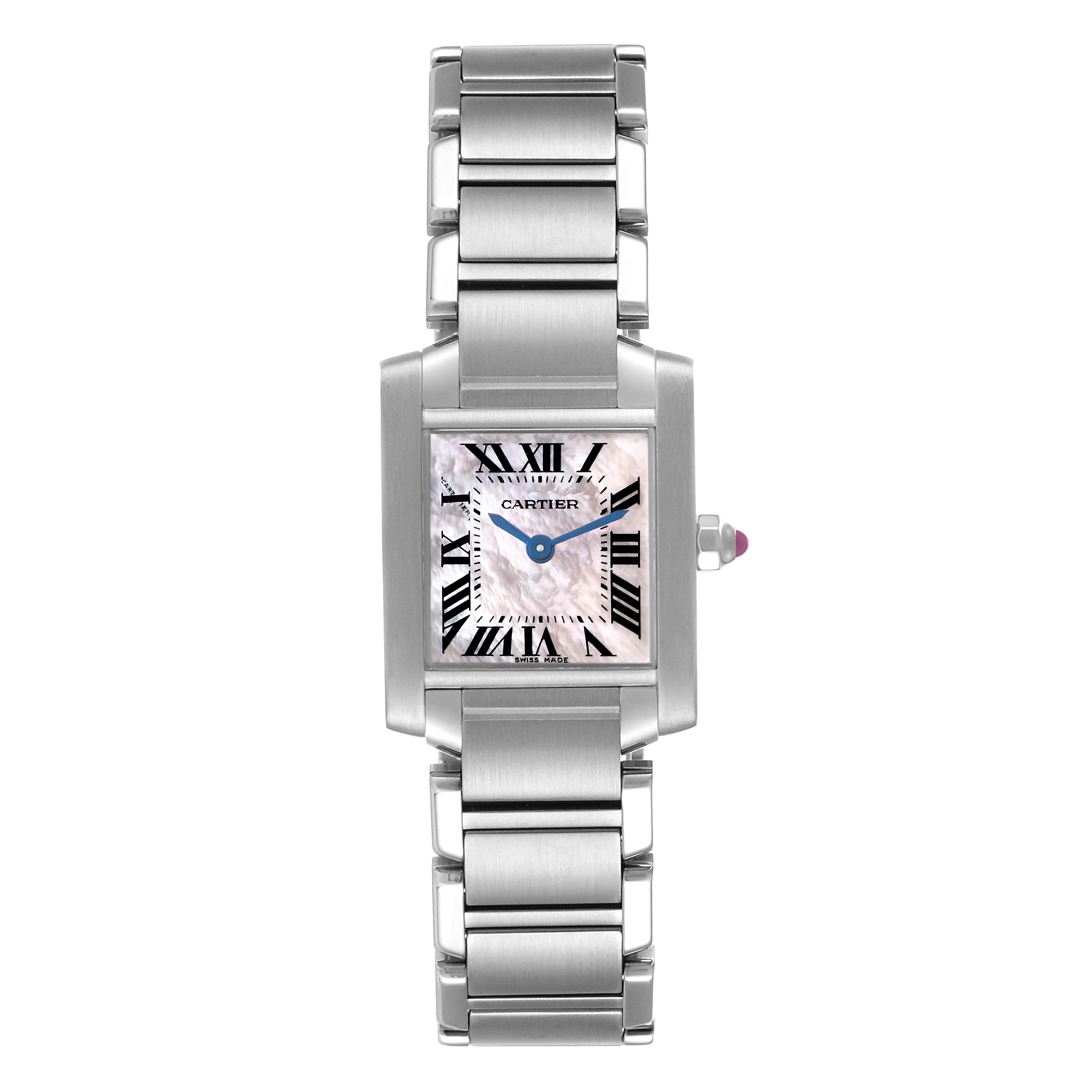 The image shows a frontal view of a Cartier Tank Française watch, displaying its stainless steel bracelet, dial, and crown.