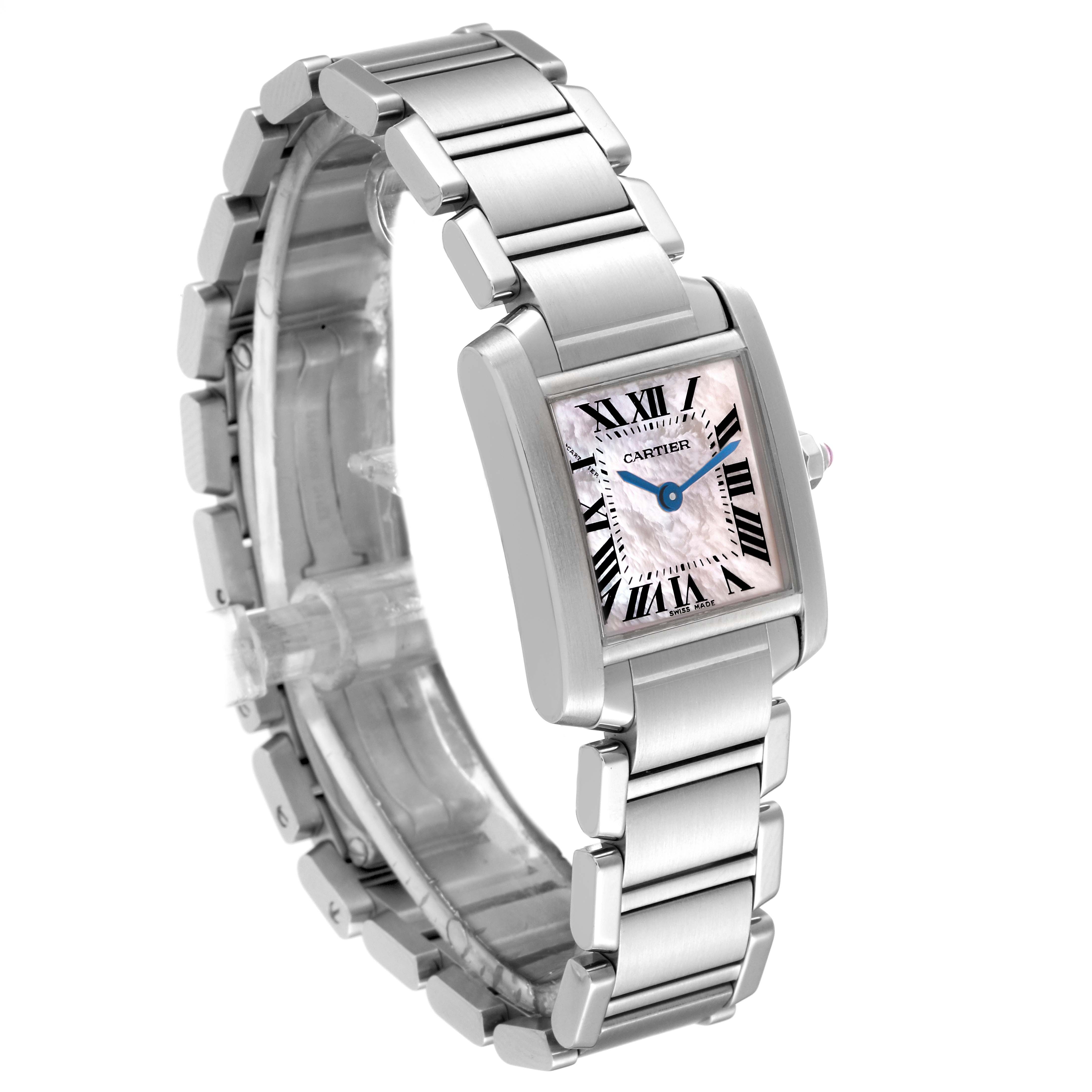 The image shows the front and side view of a Tank Francaise by Cartier, highlighting the face, bracelet, and crown.