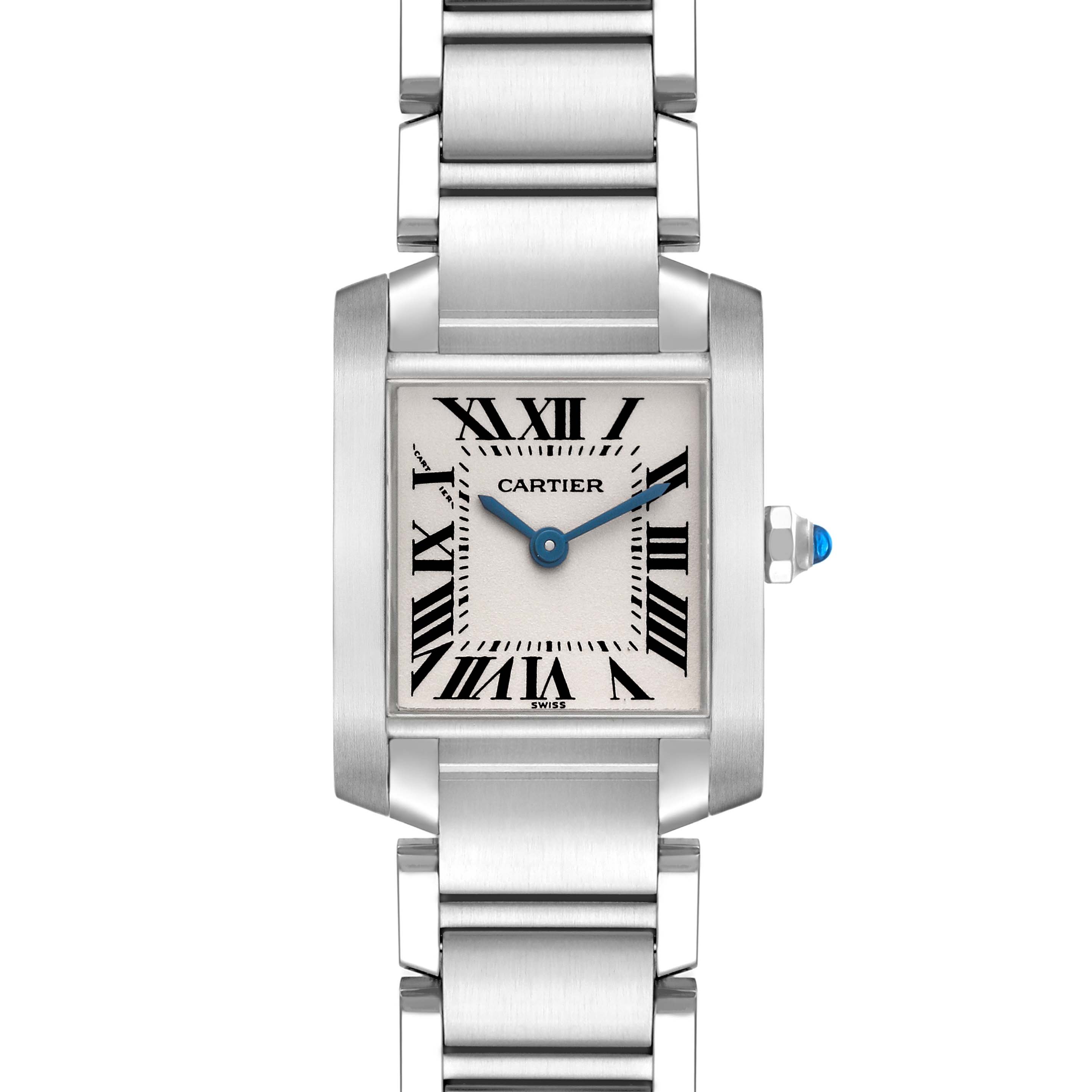 The Cartier Tank Francaise W51008Q3 Women's Stainless Steel Silver Dial W51008Q3 Women's Stainless Steel Silver Dial watch is shown from a front angle, displaying its face, bracelet, and crown detailing.