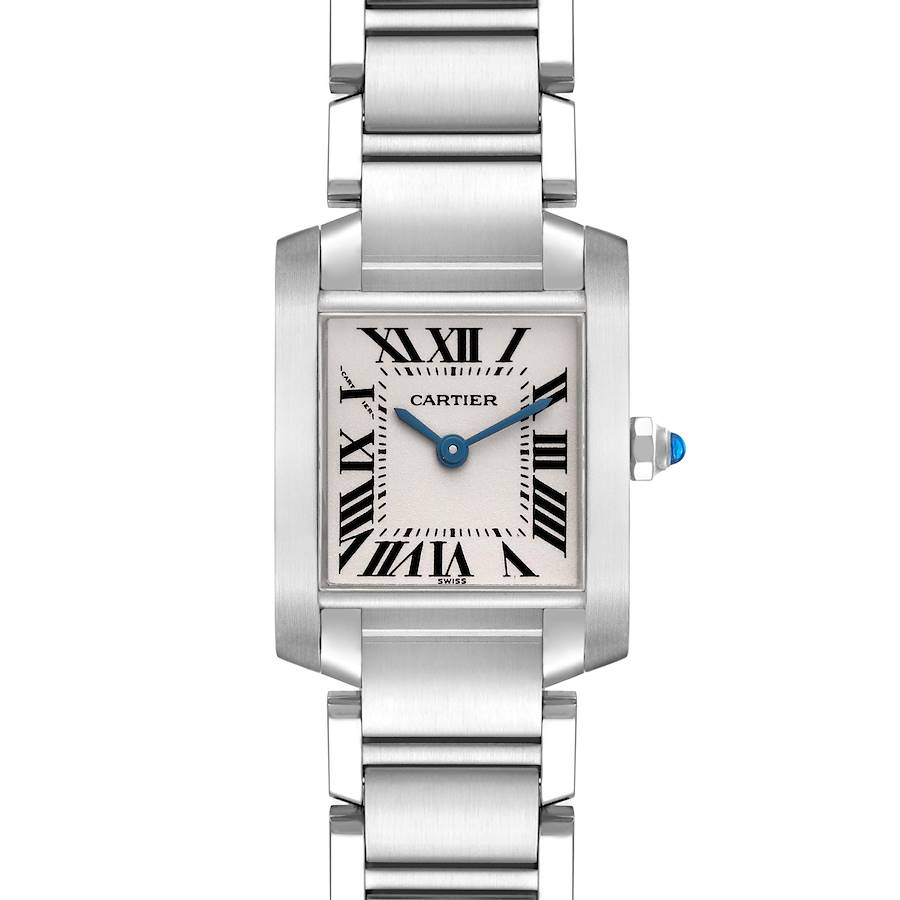 The Cartier Tank Francaise watch is shown from a front angle, displaying its face, bracelet, and crown detailing.