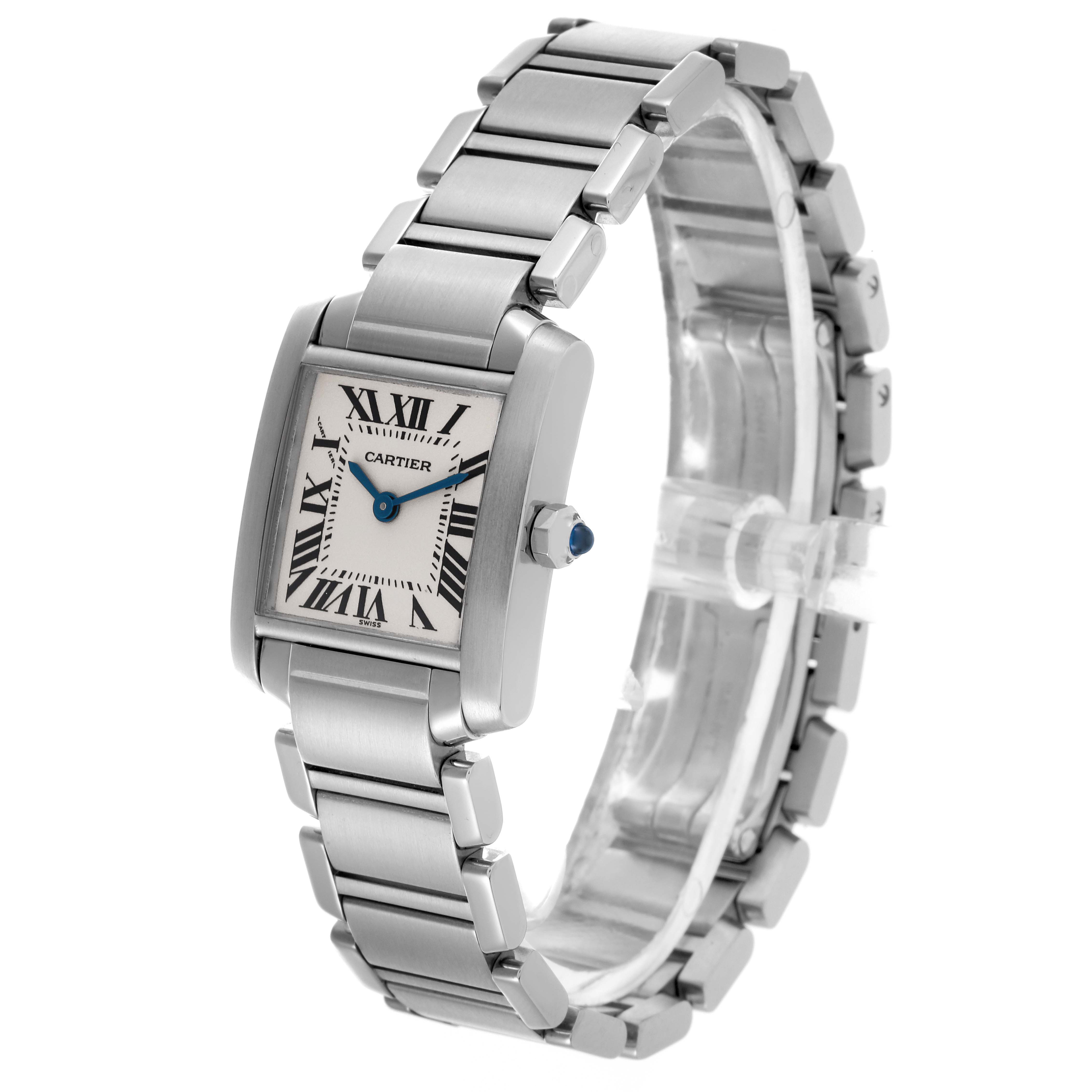 The Cartier Tank Française watch is shown at a diagonal angle, displaying its face, band, and crown.