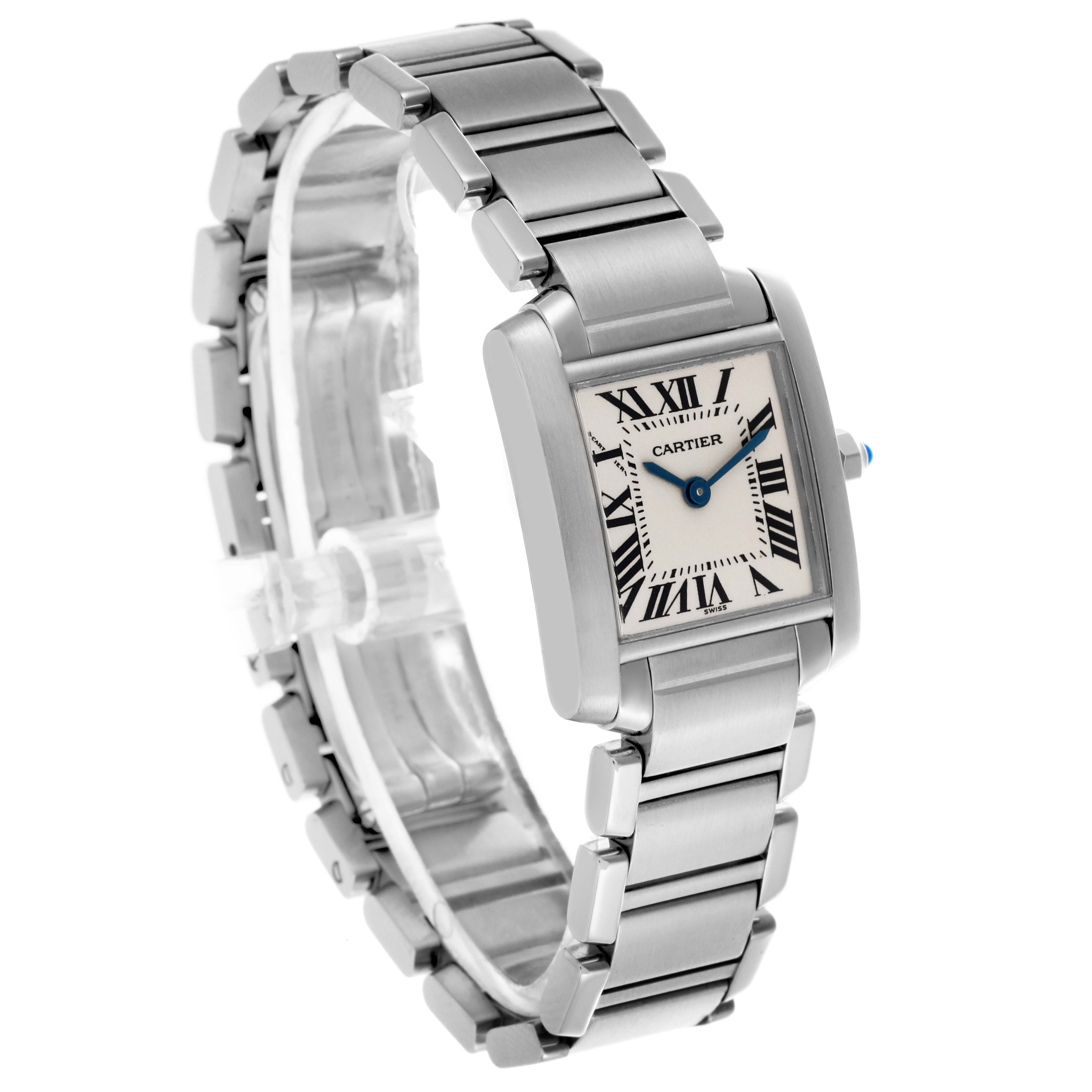 The Cartier Tank Française watch is shown at a three-quarter angle highlighting the face, bracelet, and side profile.