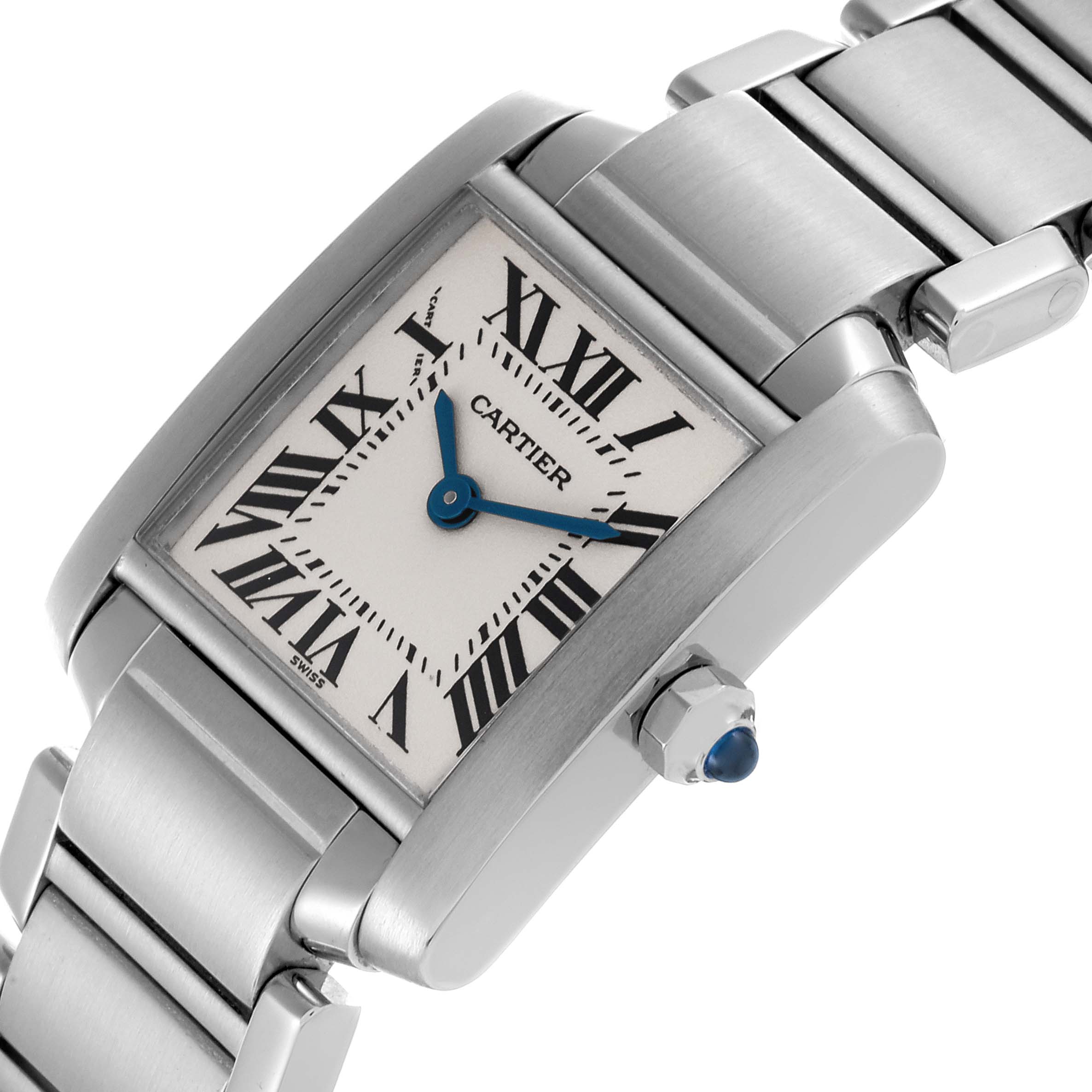 The Cartier Tank Française watch is shown at a three-quarter angle, highlighting its dial, crown, and metal bracelet.