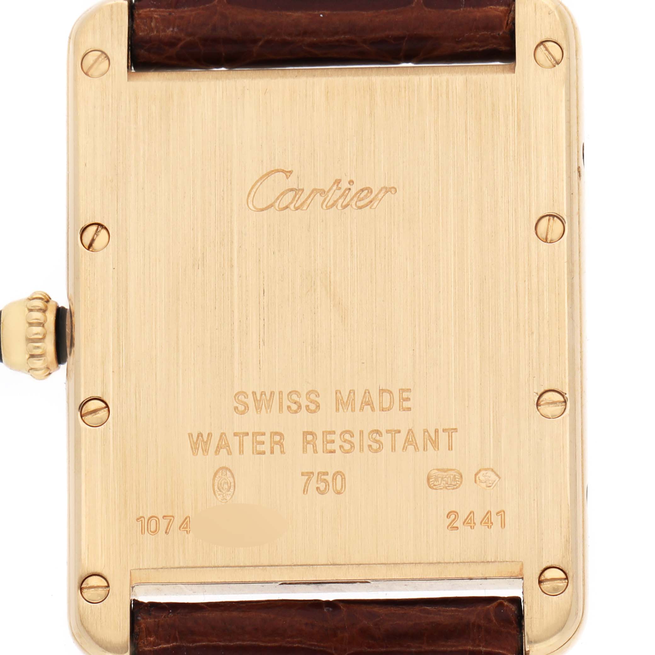 The image shows the back of a Cartier Tank Louis W1529756 Men's Yellow Gold Silver Dial watch, highlighting the inscriptions and case details.