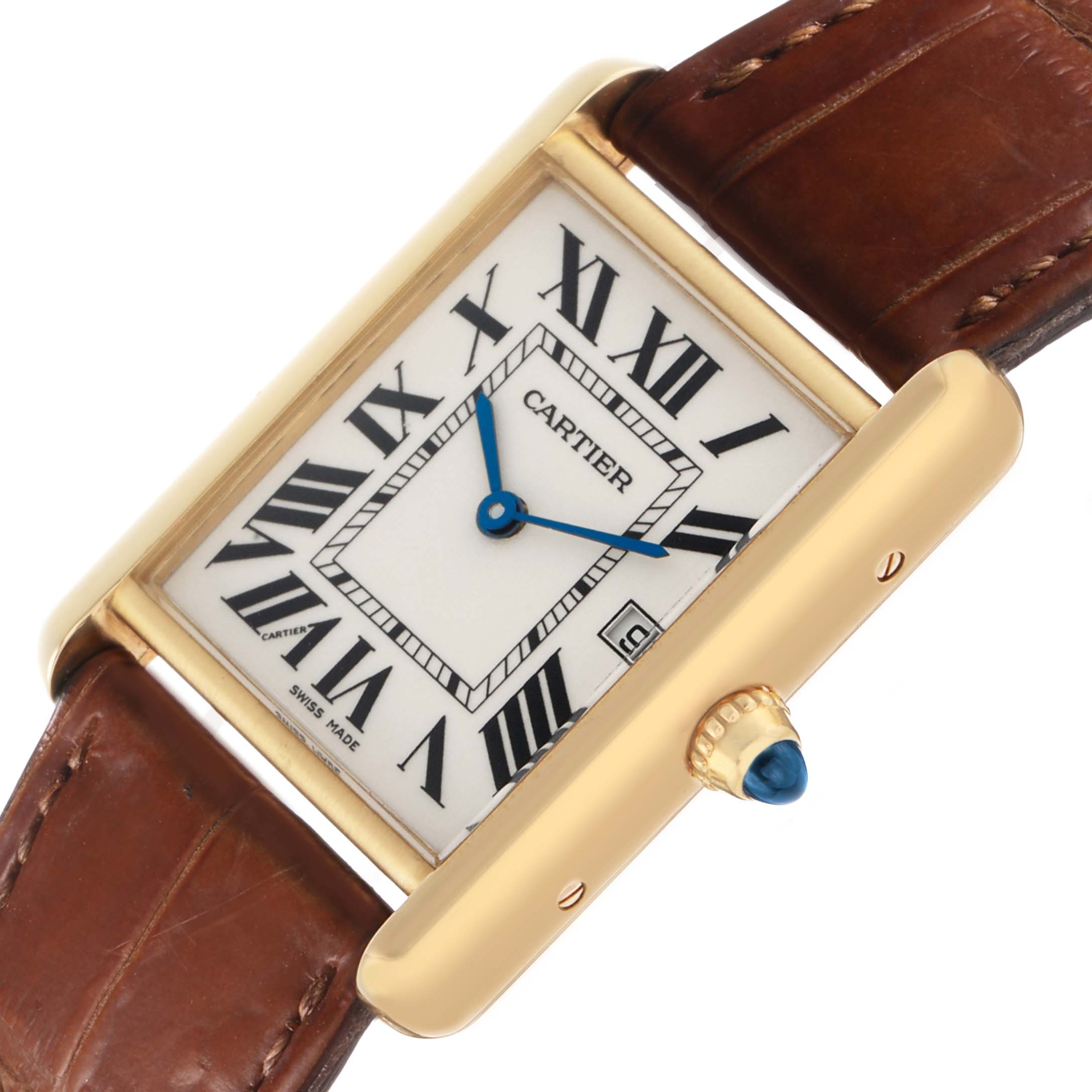The Cartier Tank Louis W1529756 Men's Yellow Gold Silver Dial watch is shown at an angled view, highlighting the gold case, blue hands, and brown leather strap.