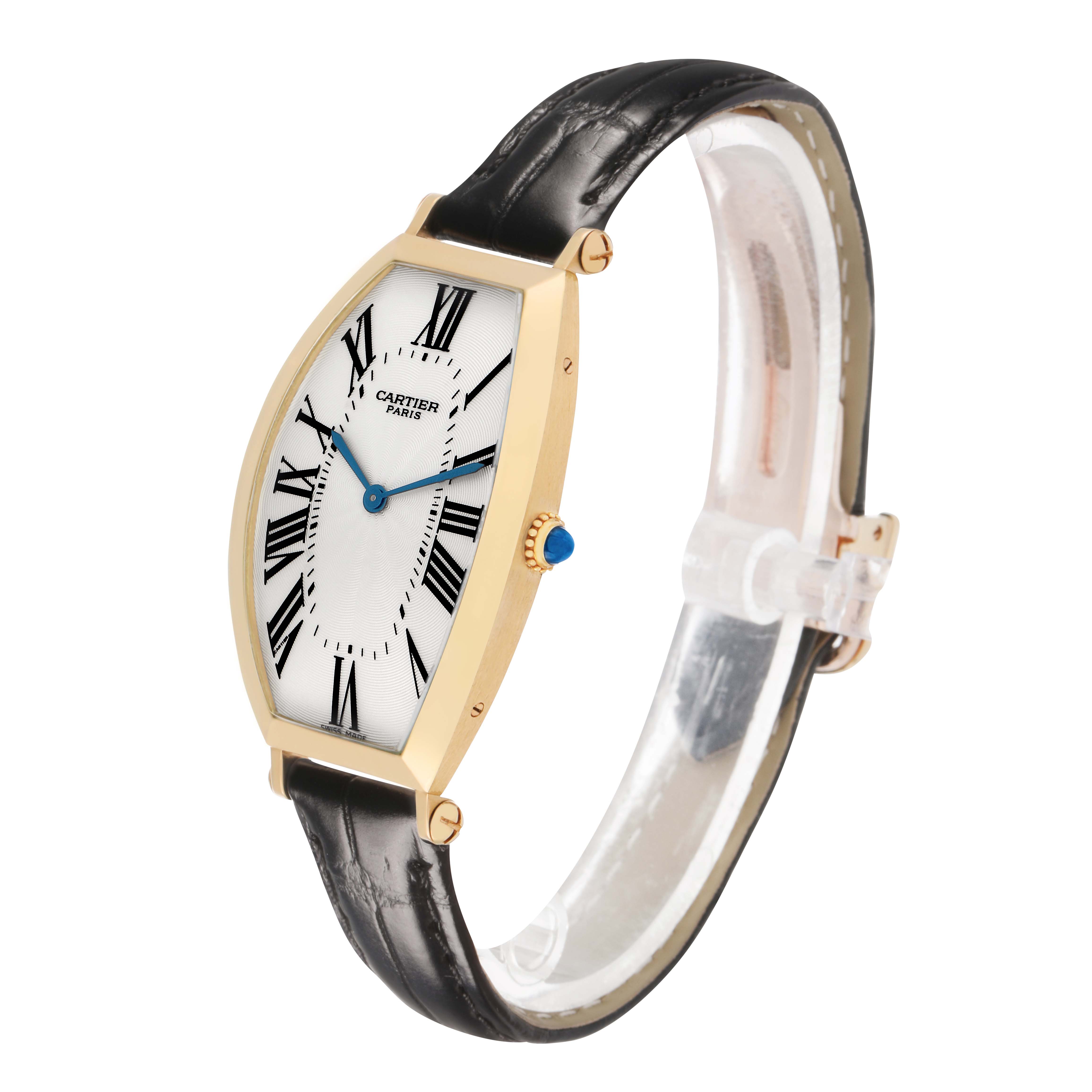 The Cartier Tonneau W1527651F Men's Yellow Gold Silver Dial watch is shown at a three-quarter angle, displaying its face, Roman numerals, crown, and leather strap.