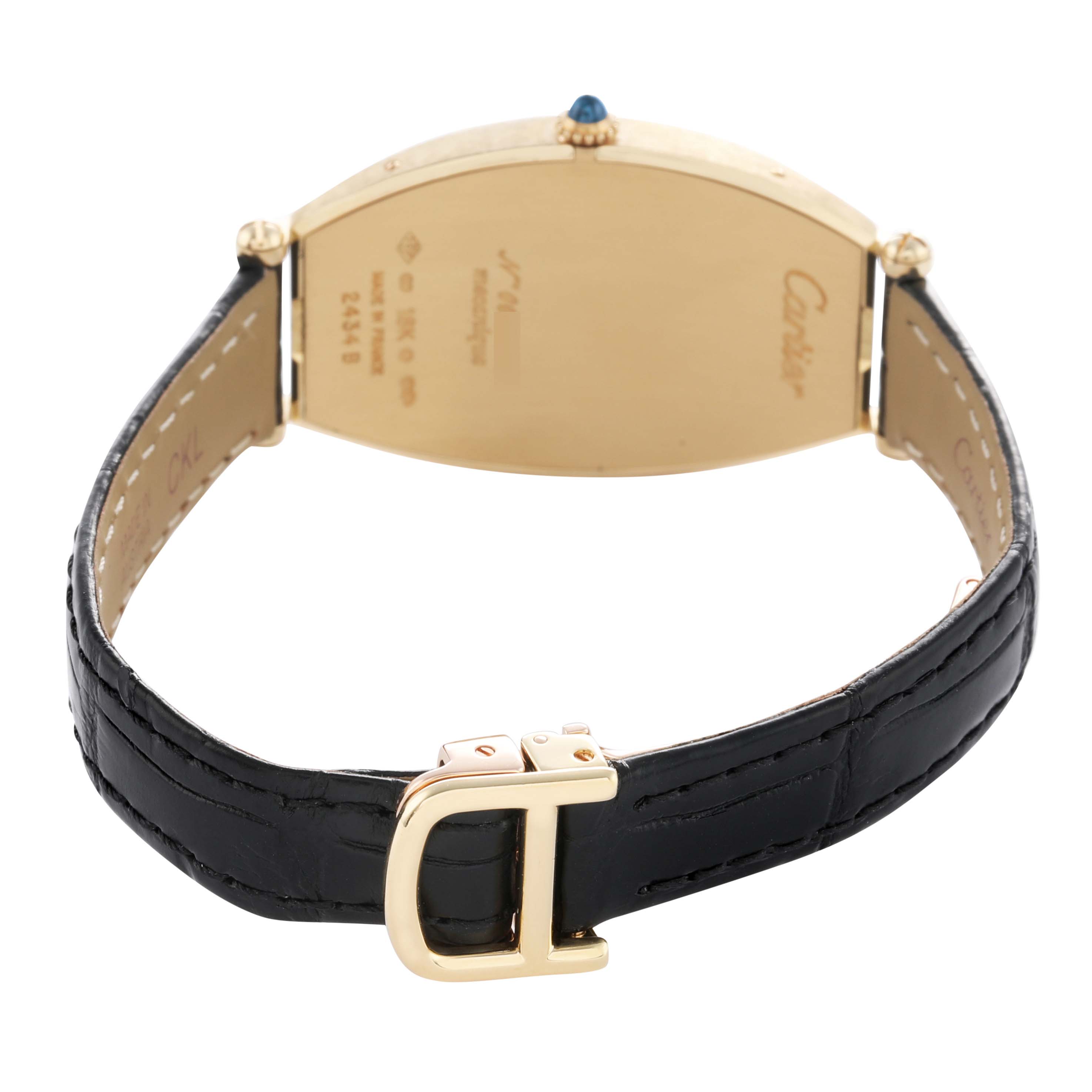 The image shows the back and side of the Cartier Tonneau W1527651F Men's Yellow Gold Silver Dial watch, highlighting the strap, clasp, and part of the case.