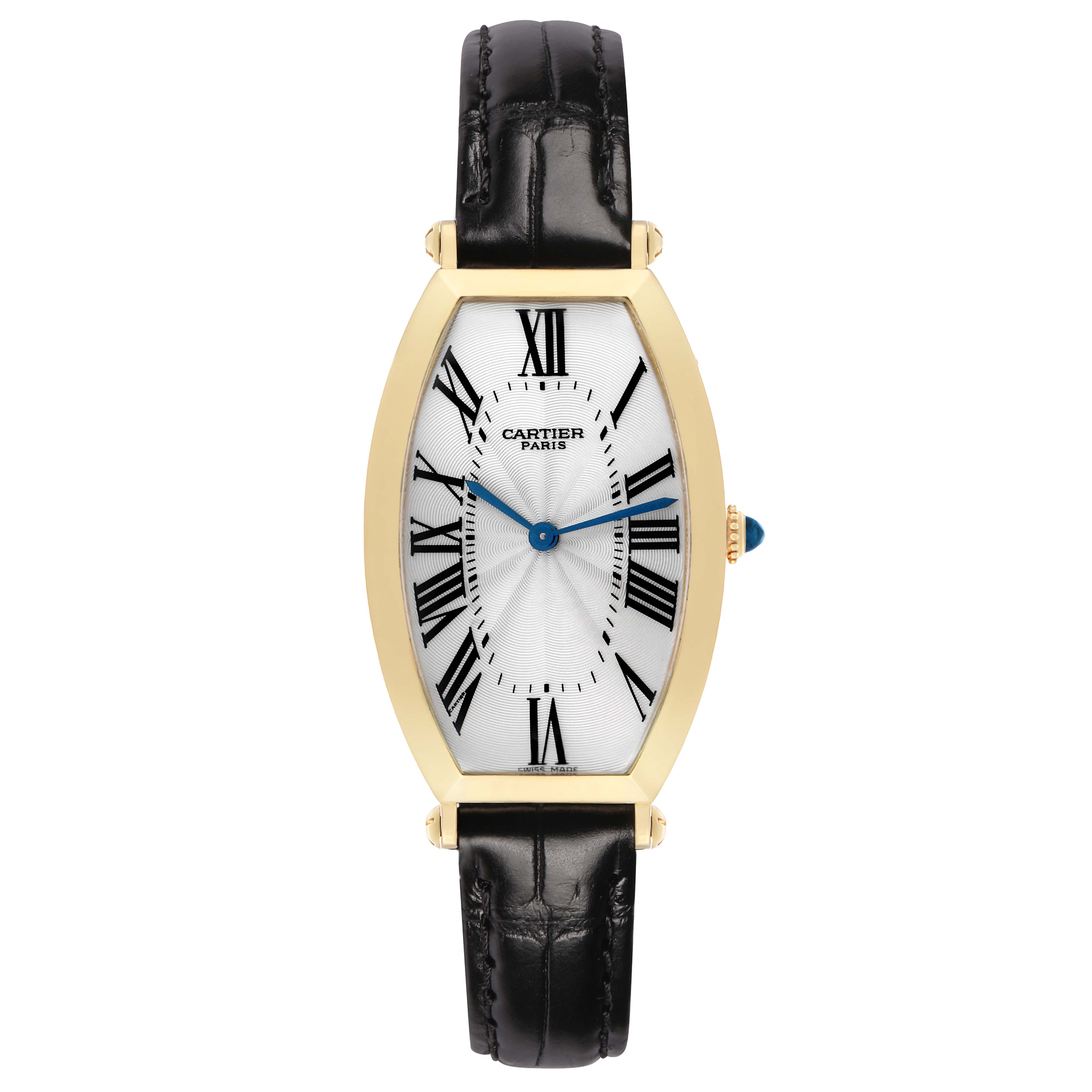 The Cartier Tonneau W1527651F Men's Yellow Gold Silver Dial watch is shown from a top-down angle, featuring its unique case, Roman numerals, and leather strap.