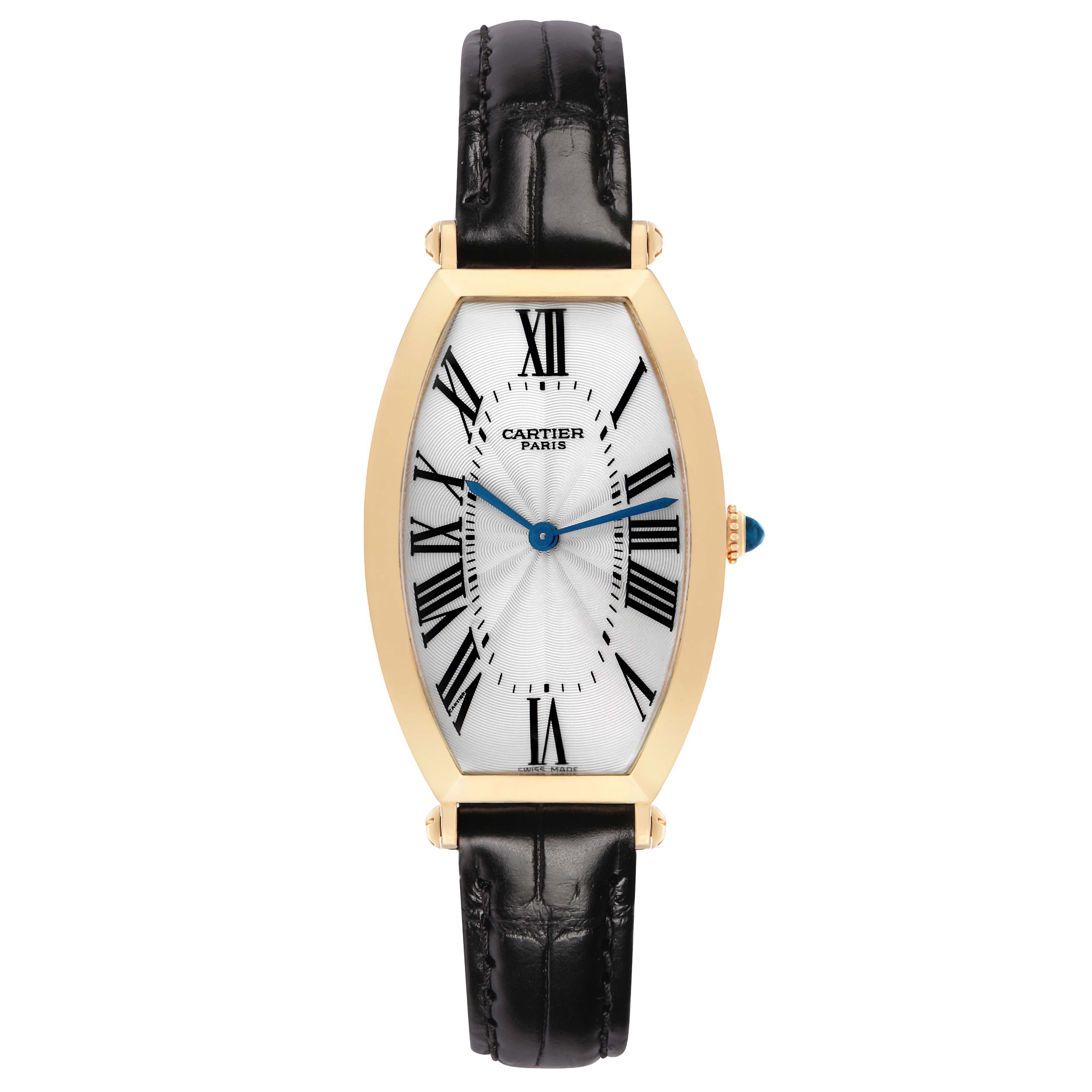 The Cartier Tonneau W1527651F Men's Yellow Gold Silver Dial watch is shown from a front angle, displaying the dial, case, and black leather strap.