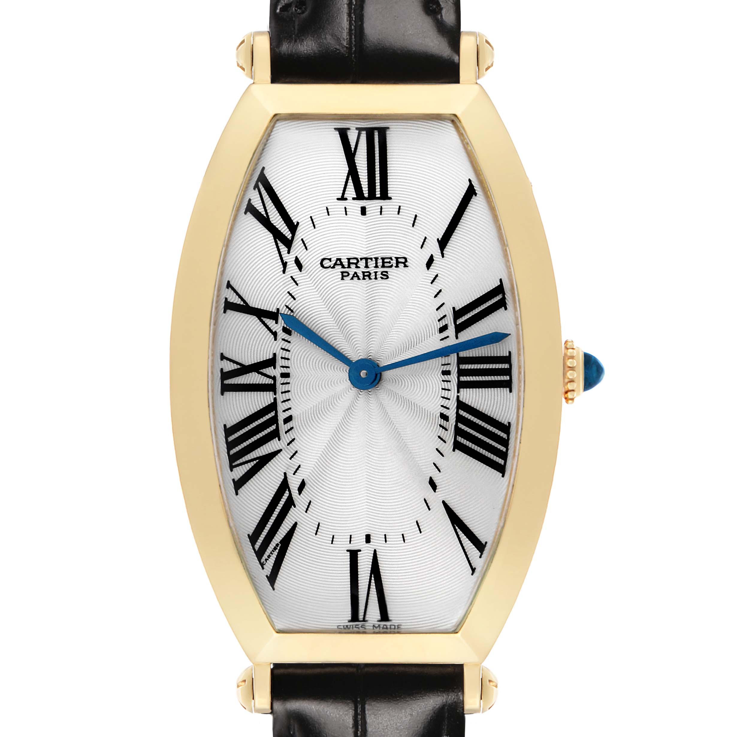 The Cartier Tonneau W1527651F Men's Yellow Gold Silver Dial watch is shown from a front view, highlighting its case, dial, and straps.