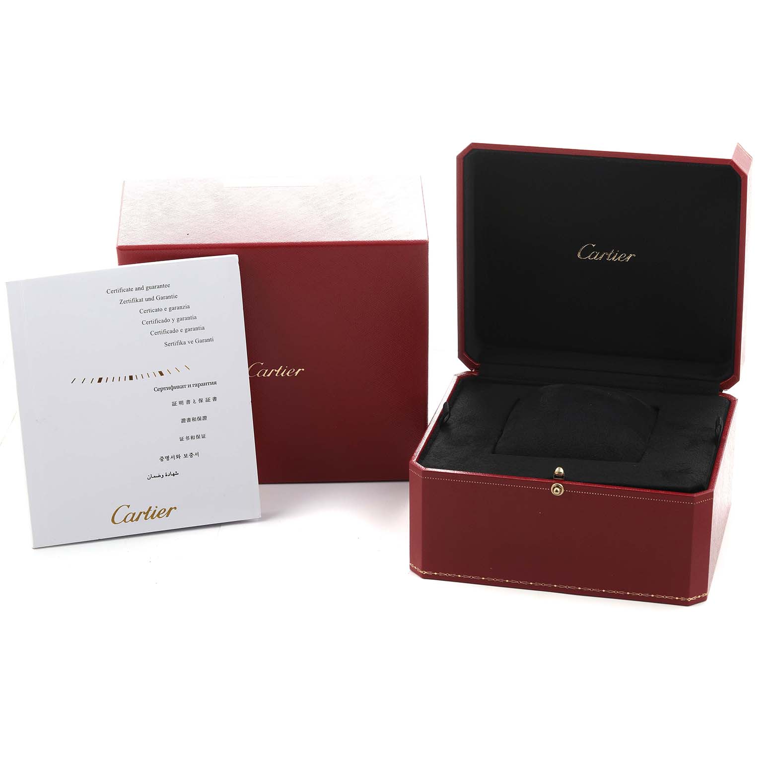 The image shows a Cartier Tonneau W1527651F Men's Yellow Gold Silver Dial watch box, an open box with a cushion, and a warranty booklet.