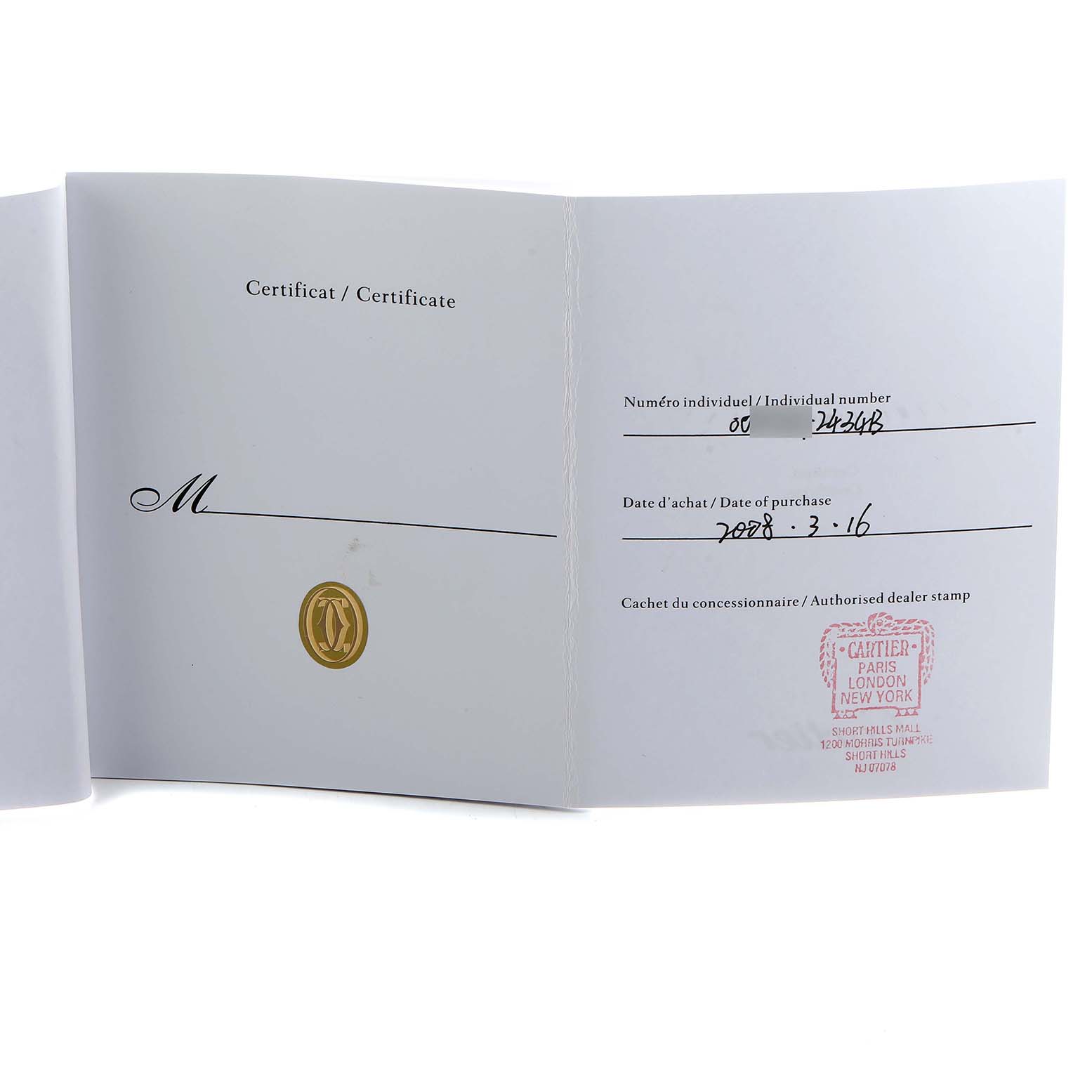 The image shows the certificate for a Cartier Tonneau W1527651F Men's Yellow Gold Silver Dial watch, displaying individual number, purchase date, and dealer stamp.